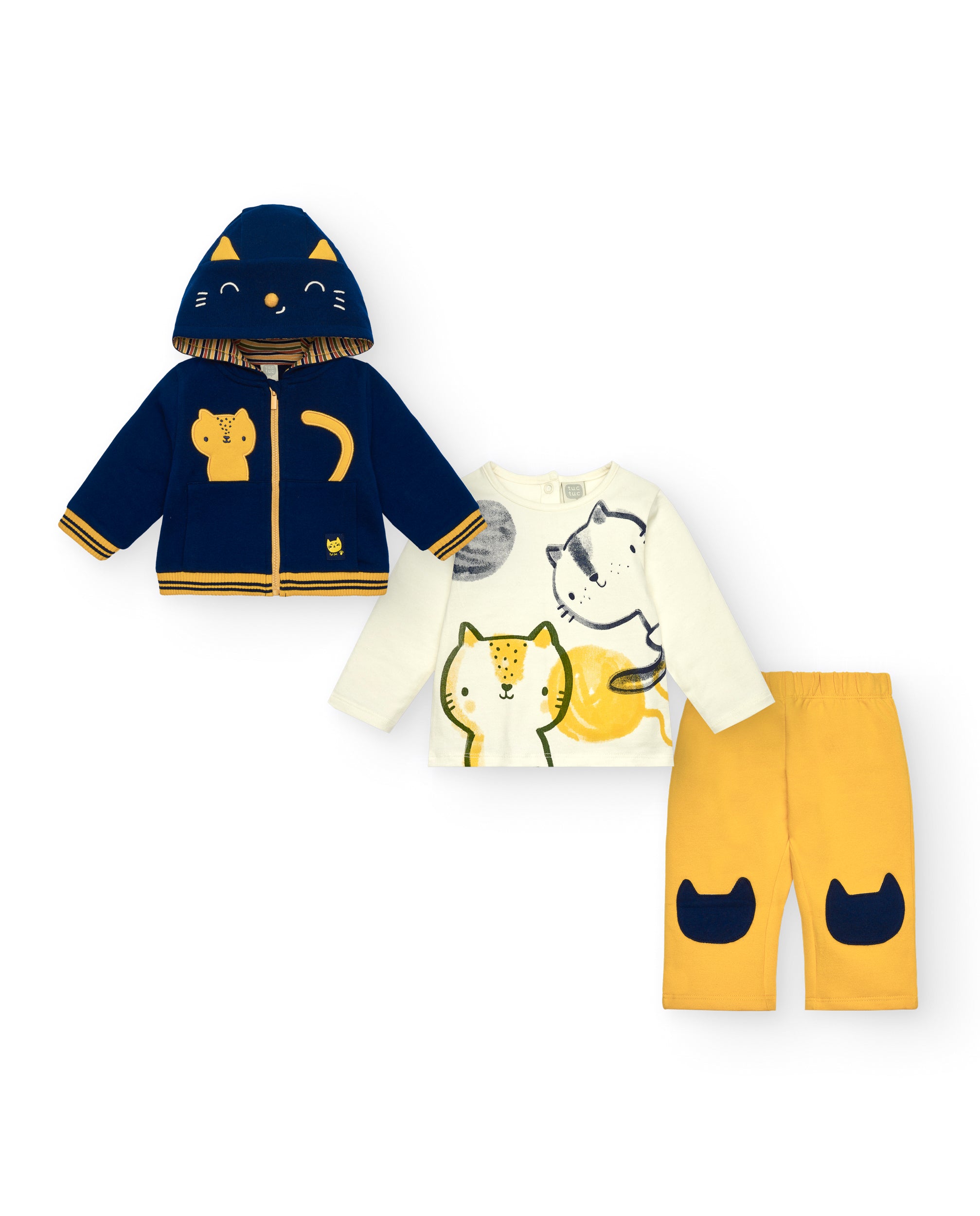 Conjunto de tres piezas para niño en azul marino con capucha y