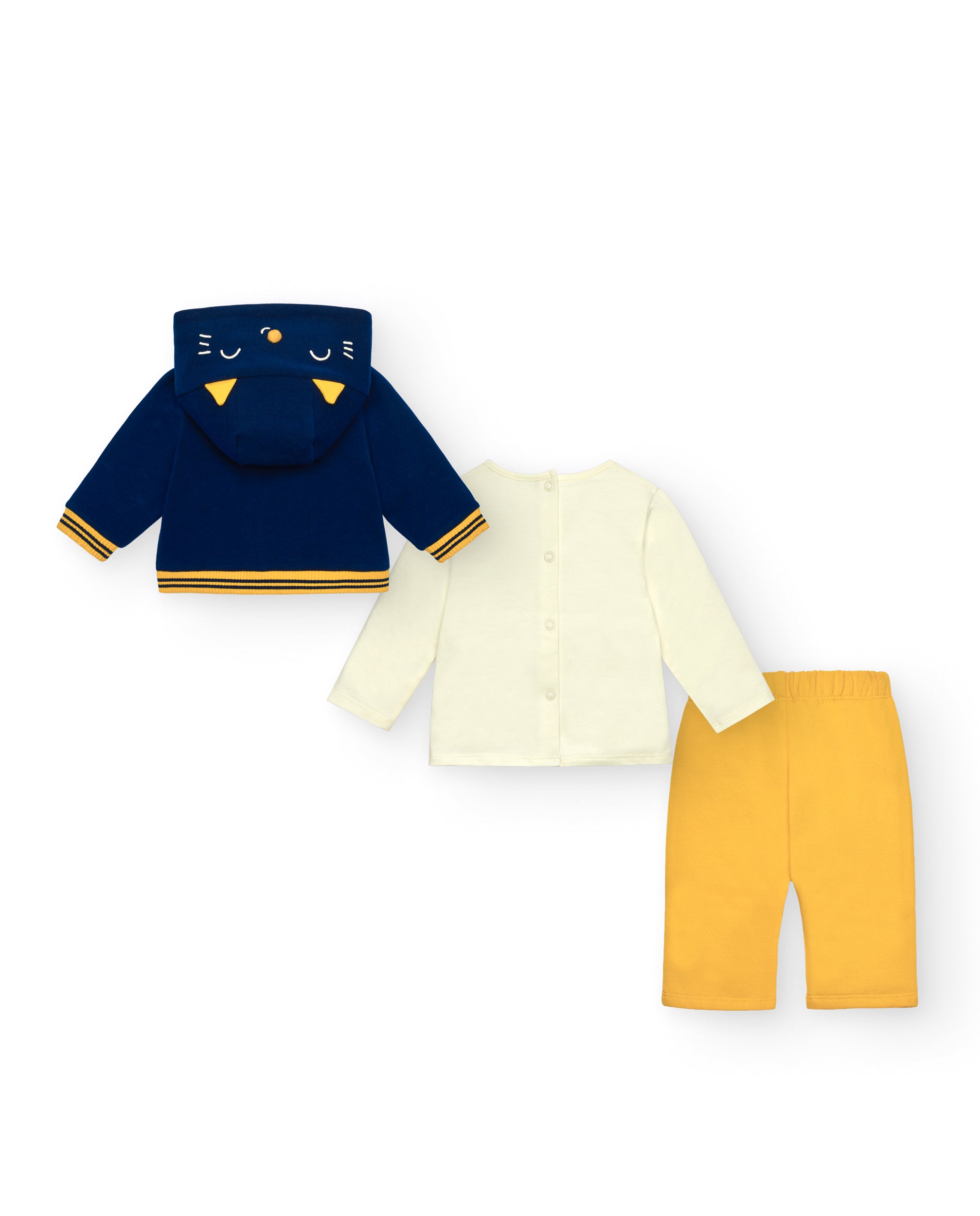 Conjunto de tres piezas para niño en azul marino con capucha y