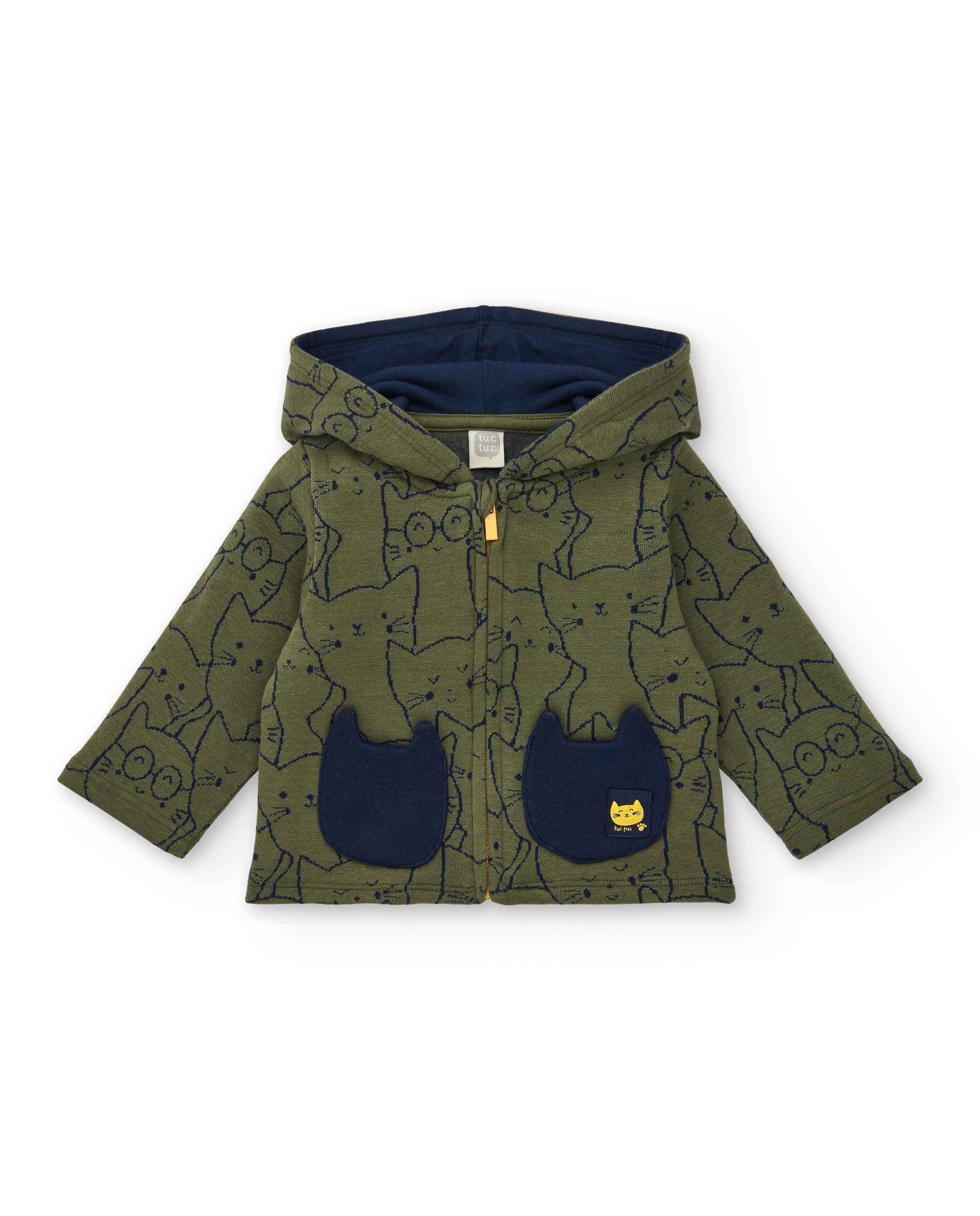 Chaqueta con capucha para niño en verde con estampado de gatos