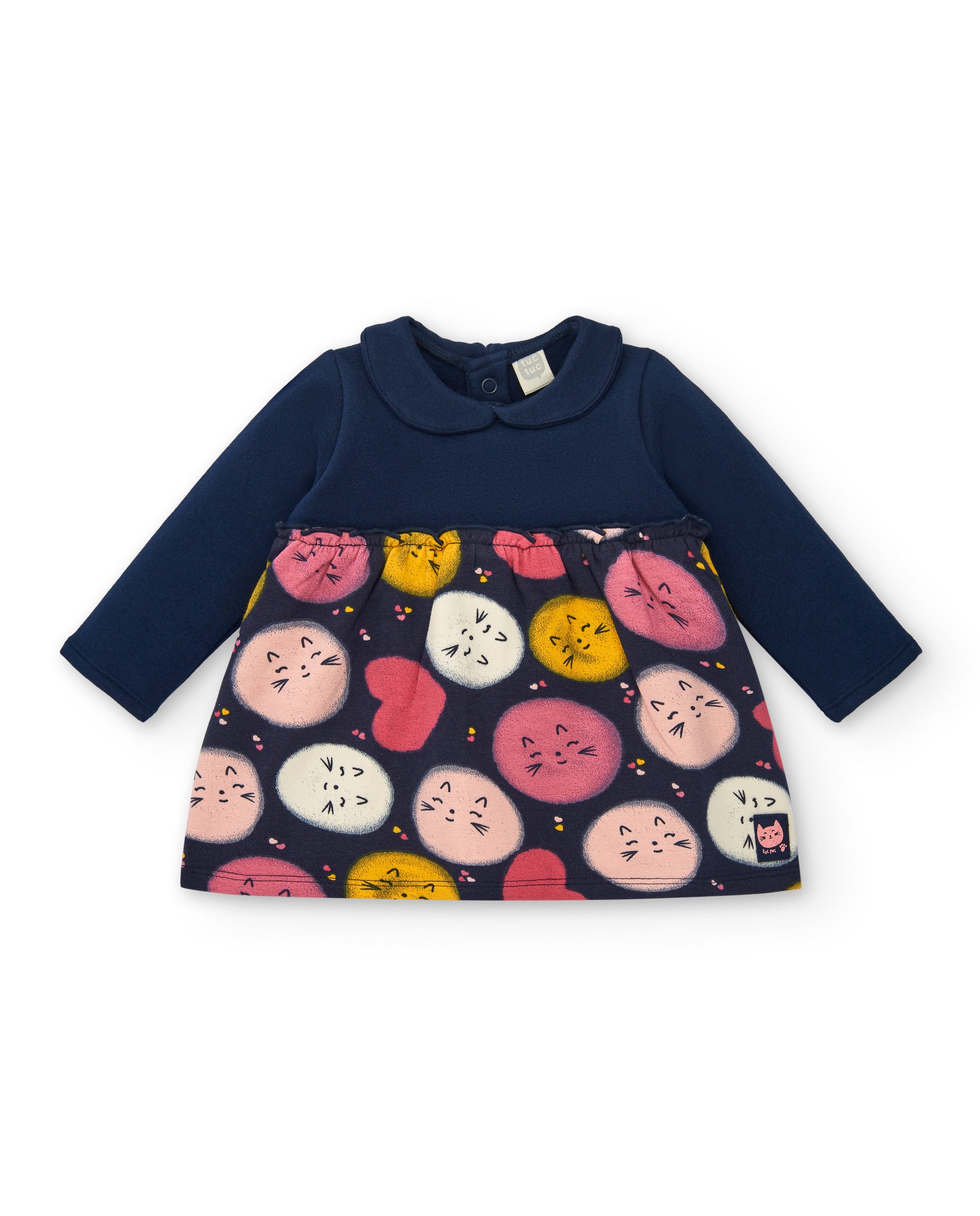 Vestido para niña en azul marino con estampado de gatitos