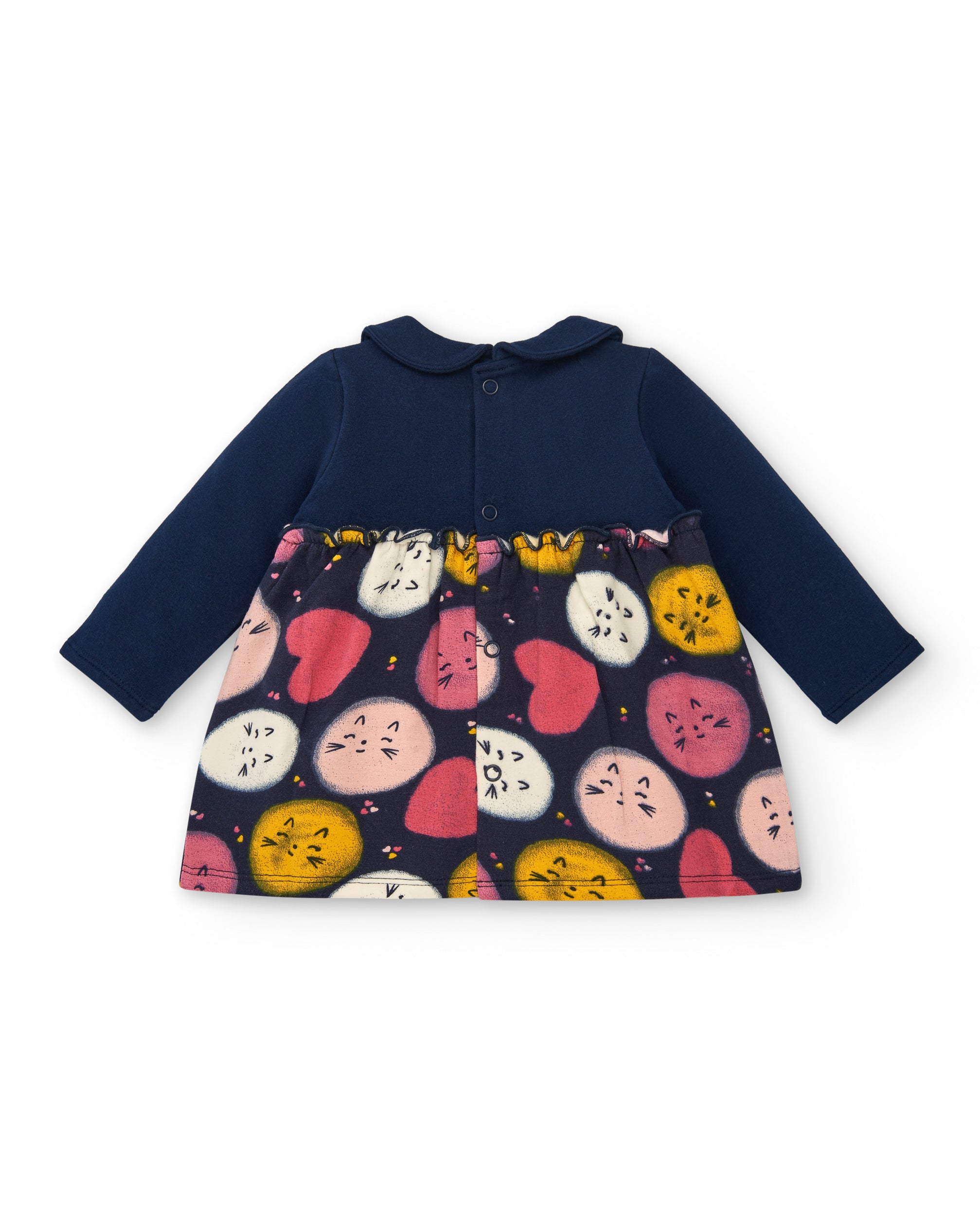 Vestido para niña en azul marino con estampado de gatitos