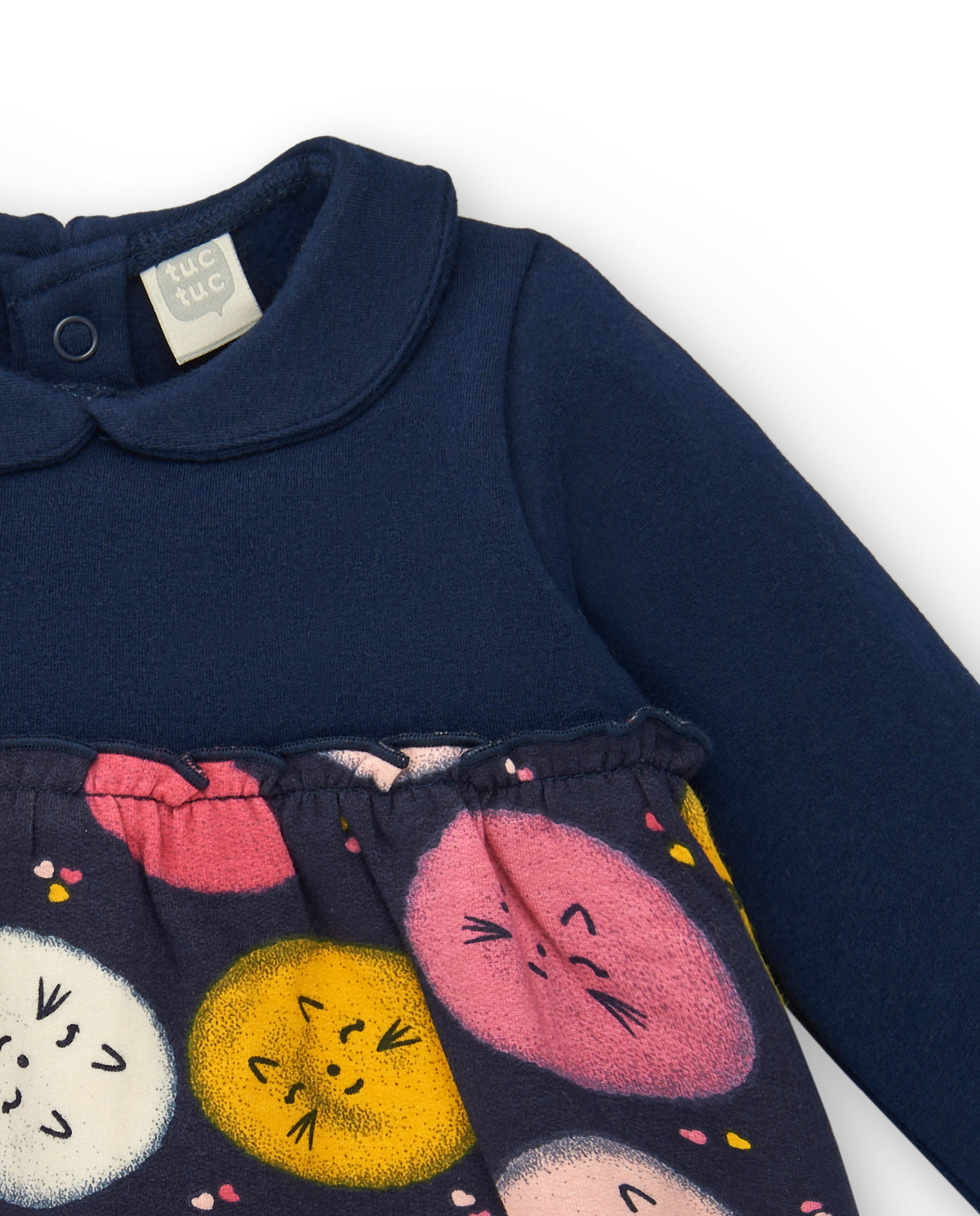 Vestido para niña en azul marino con estampado de gatitos