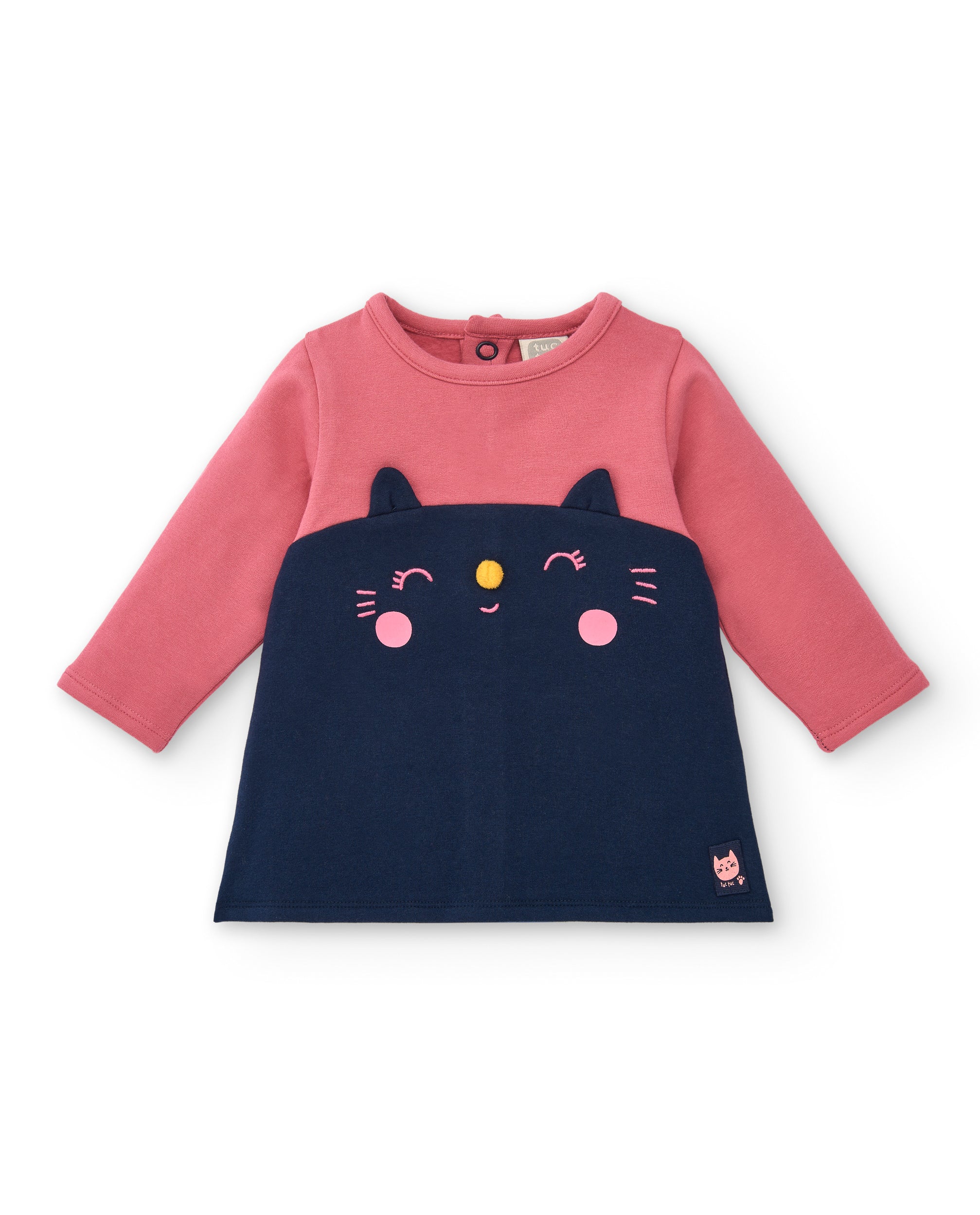 Vestido para niña en rosa con diseño de gatito en azul marino