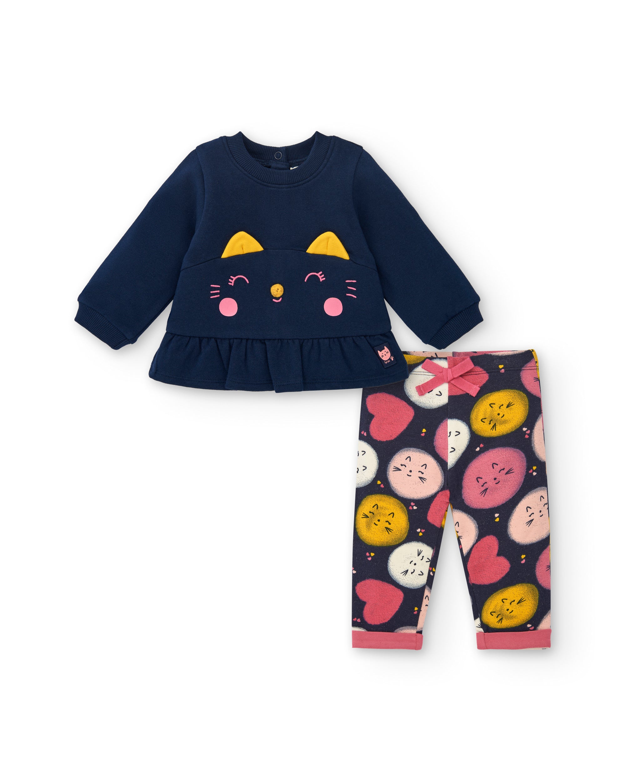 Conjunto para niña en azul marino con diseño de gatito