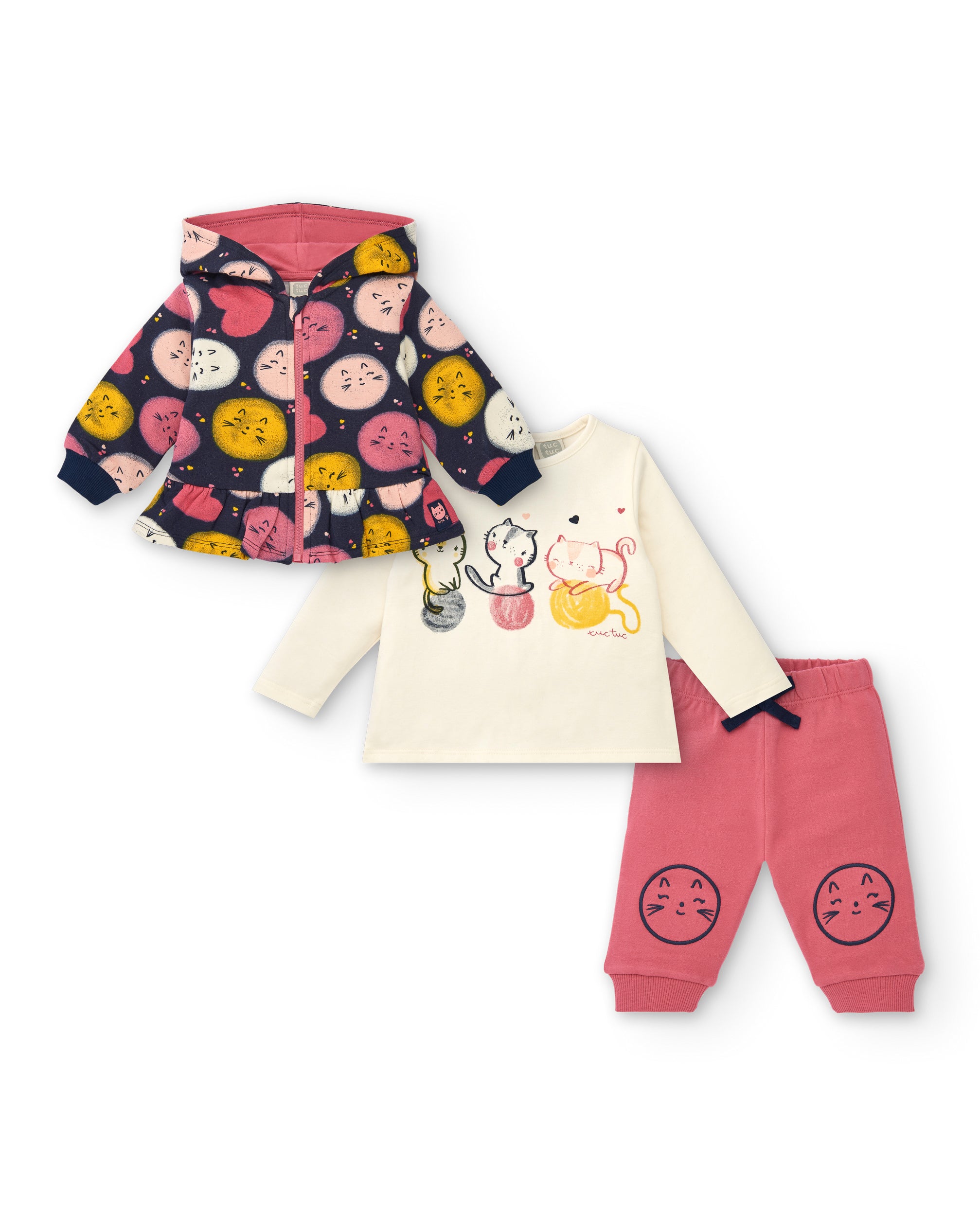 Conjunto para niña en rosa con chaqueta estampada de gatitos