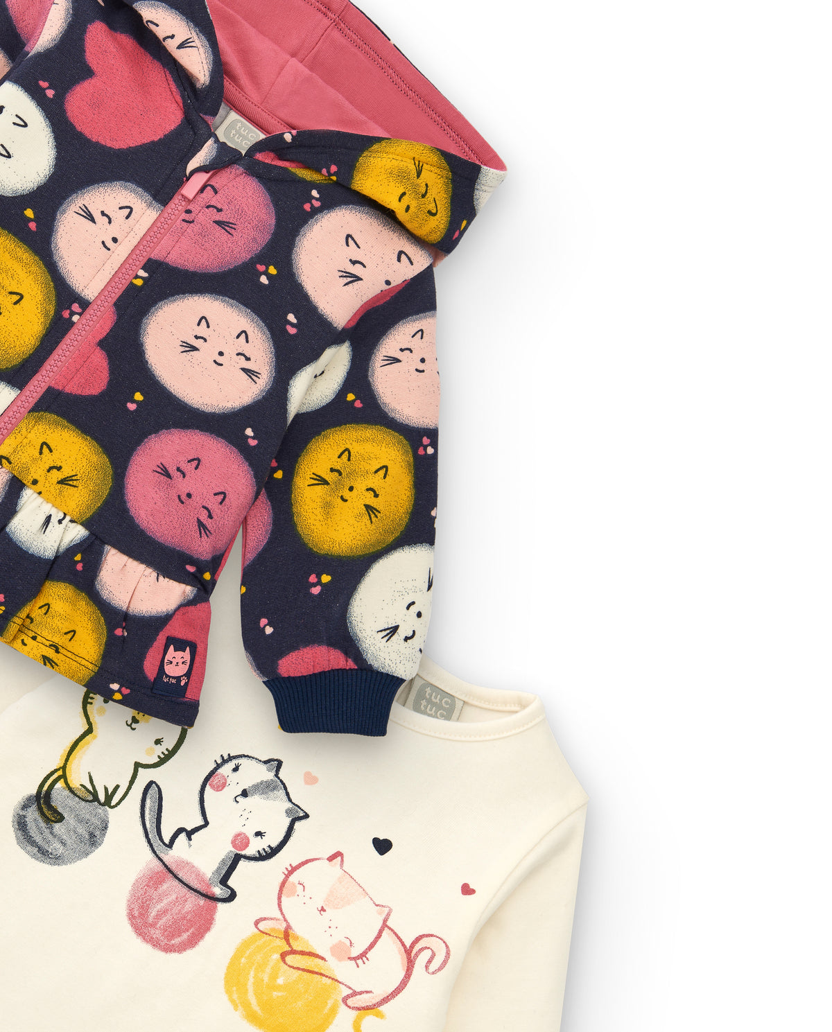 Conjunto para niña en rosa con chaqueta estampada de gatitos