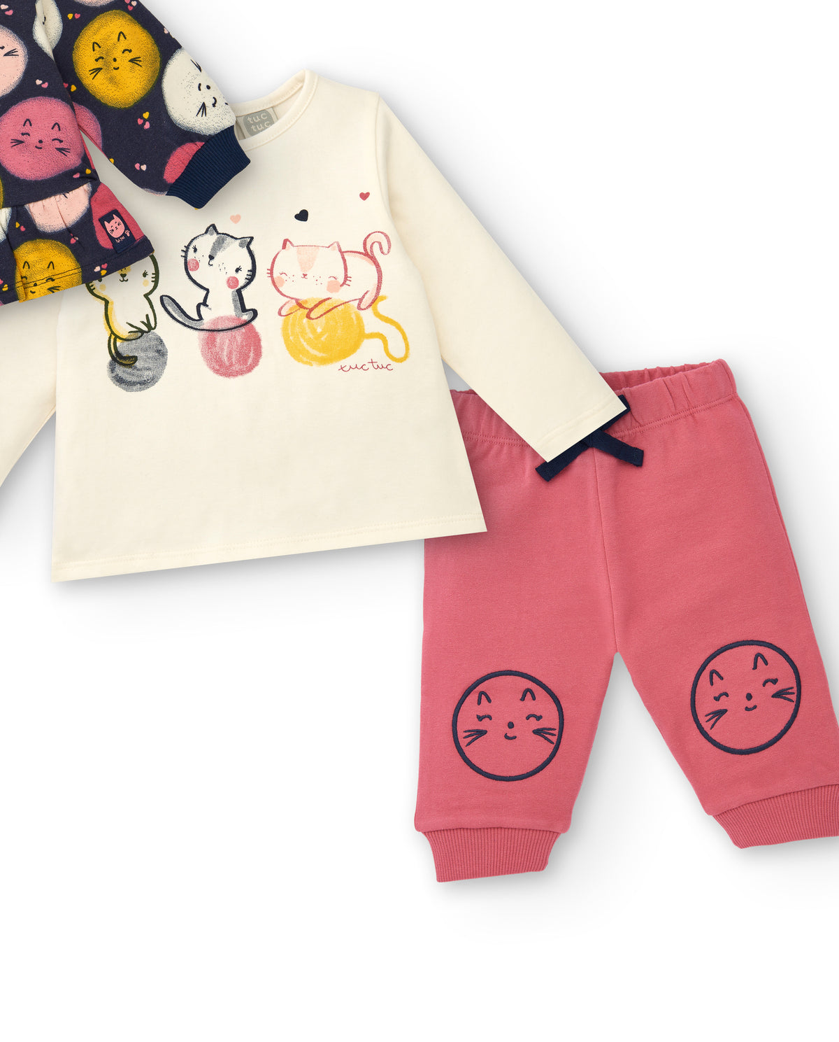 Conjunto para niña en rosa con chaqueta estampada de gatitos