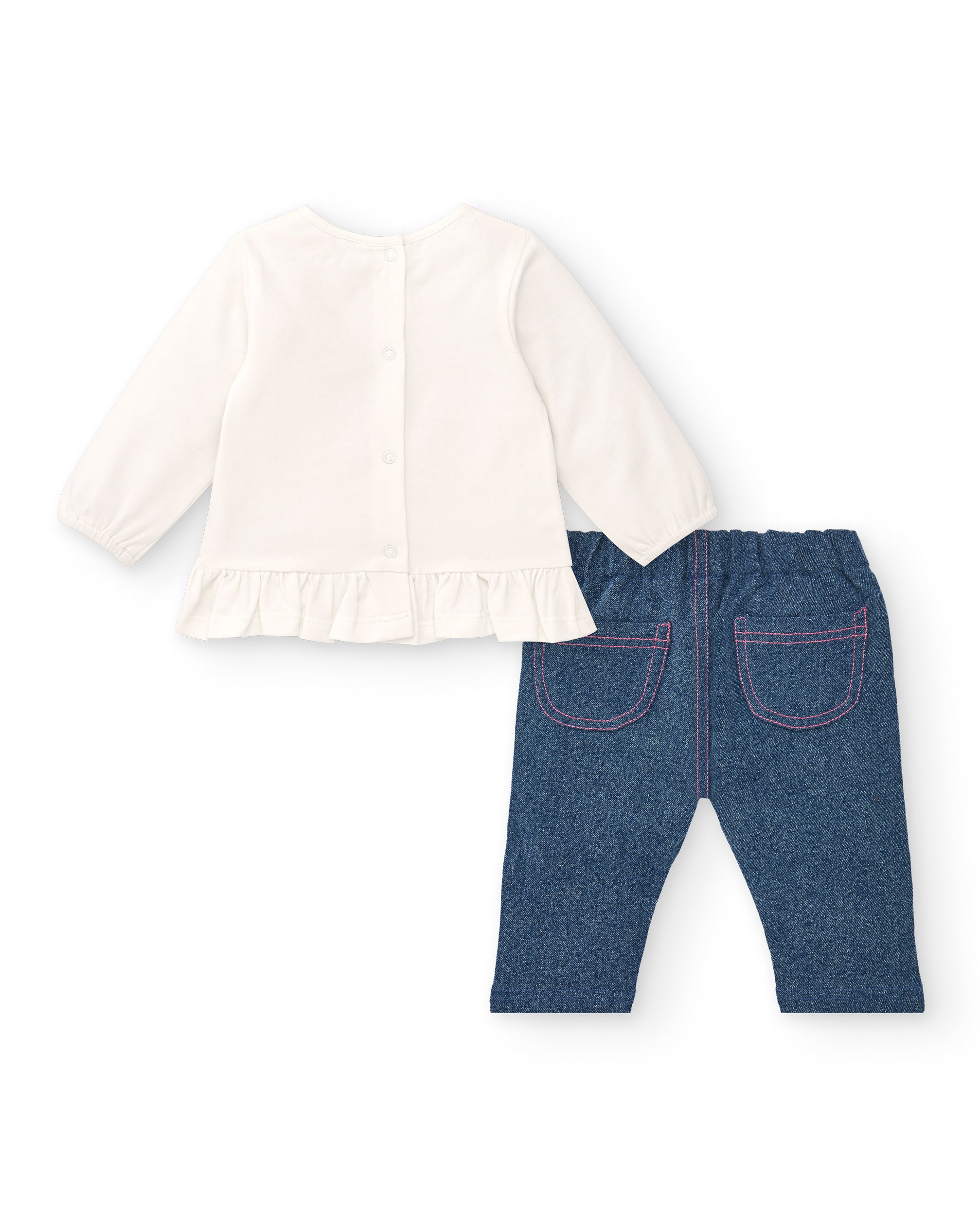 Conjunto para niña en color crema y azul con estampado de