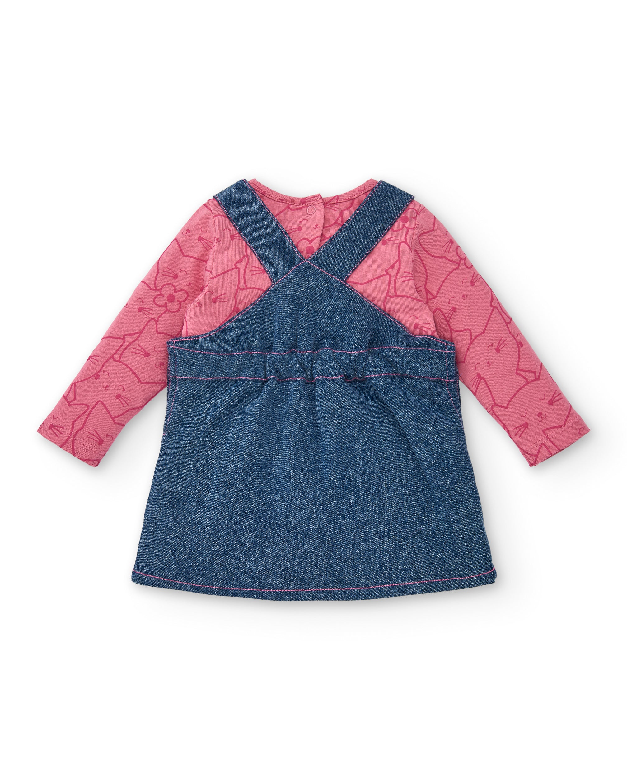 Conjunto para niña en denim y rosa con estampado de gatitos