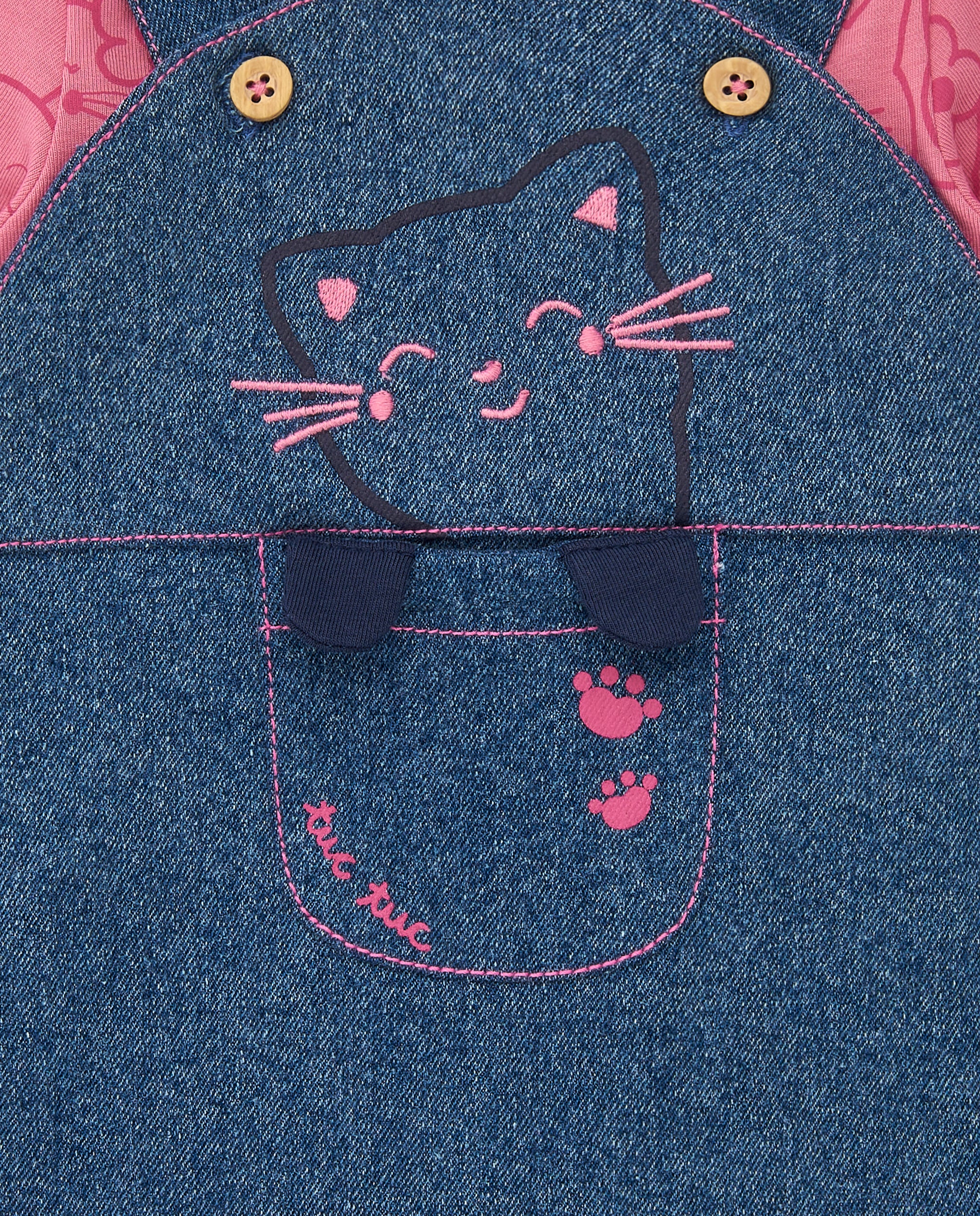 Conjunto para niña en denim y rosa con estampado de gatitos