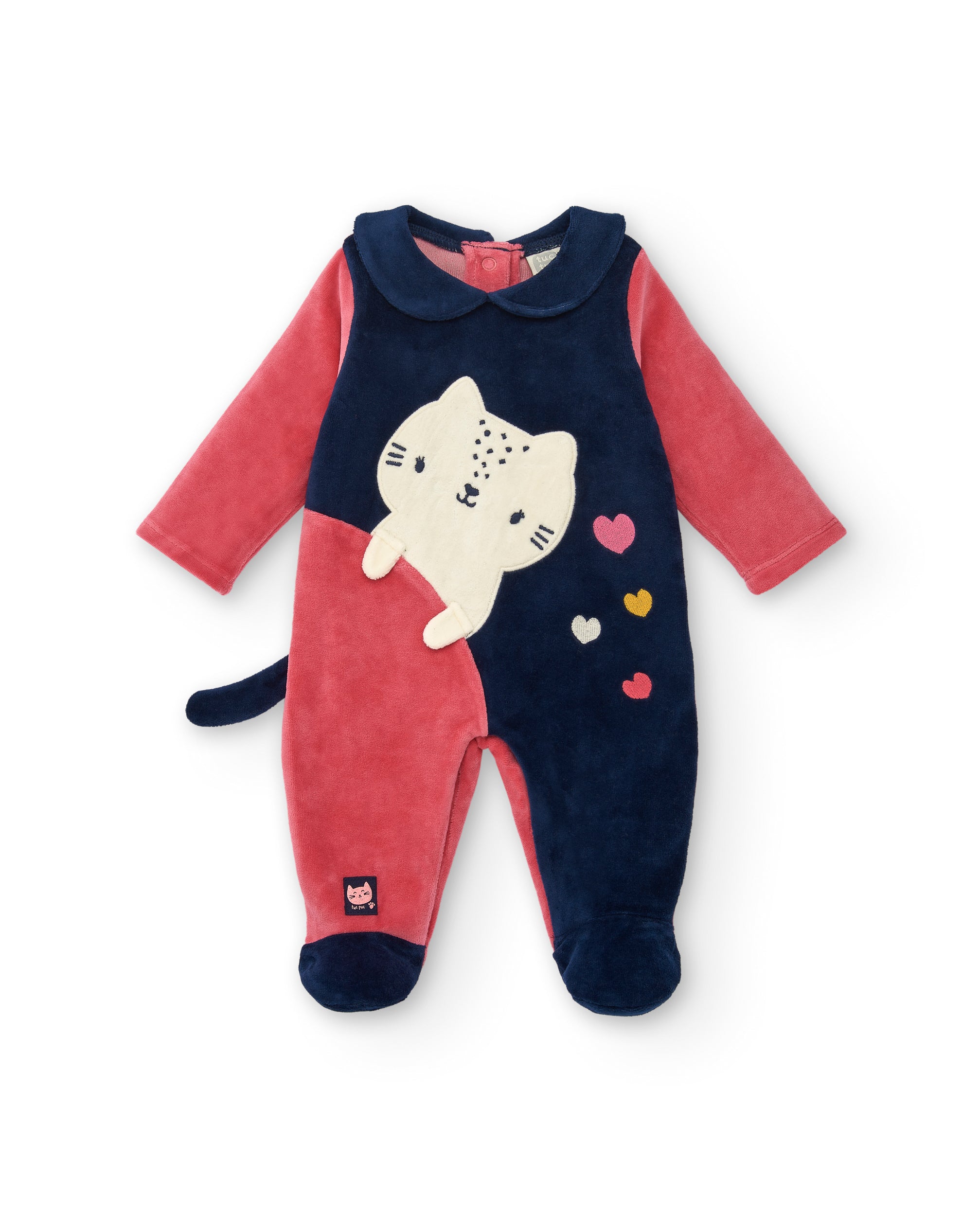 Pelele para niña en rosa y azul marino con diseño de gatito y