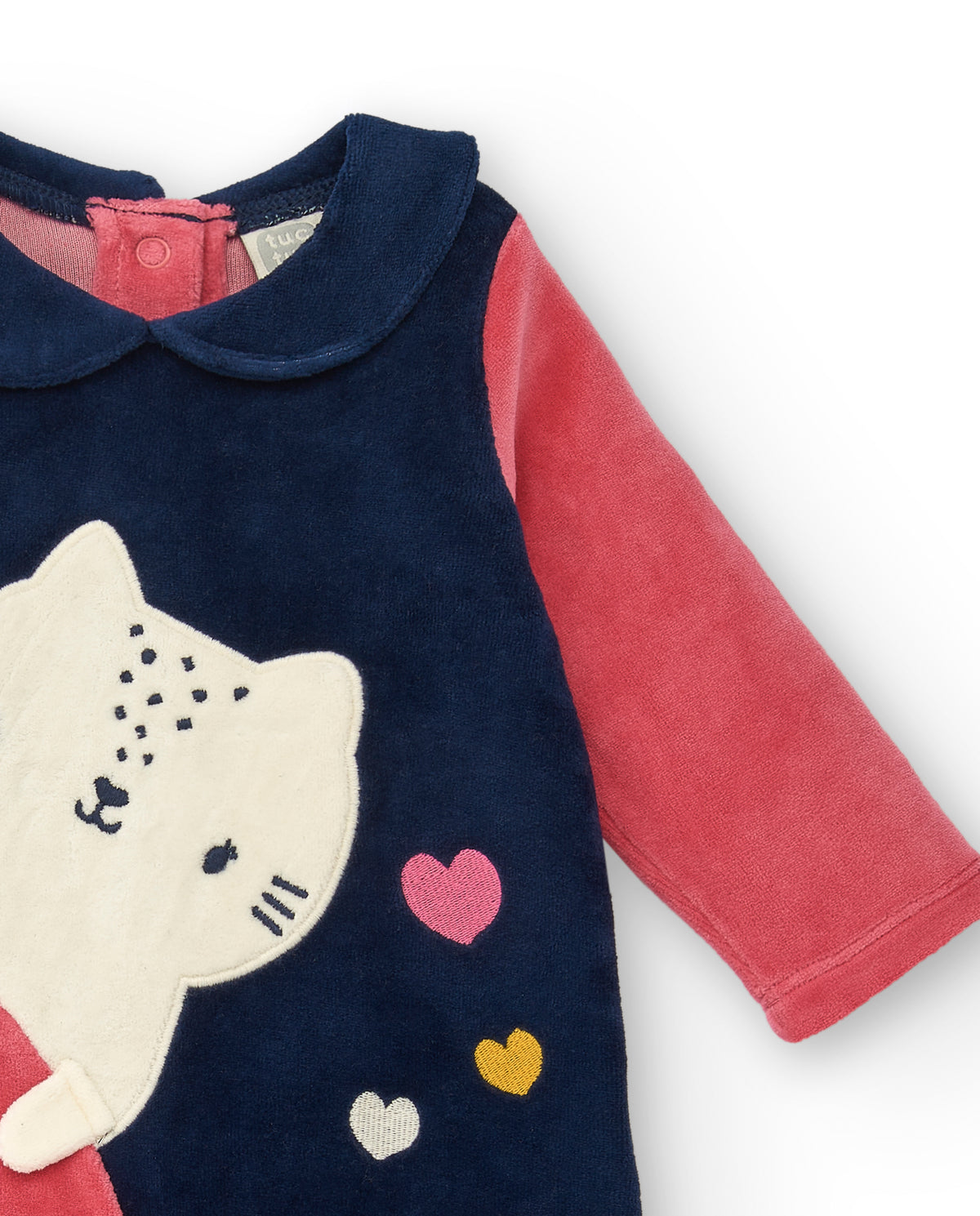 Pelele para niña en rosa y azul marino con diseño de gatito y