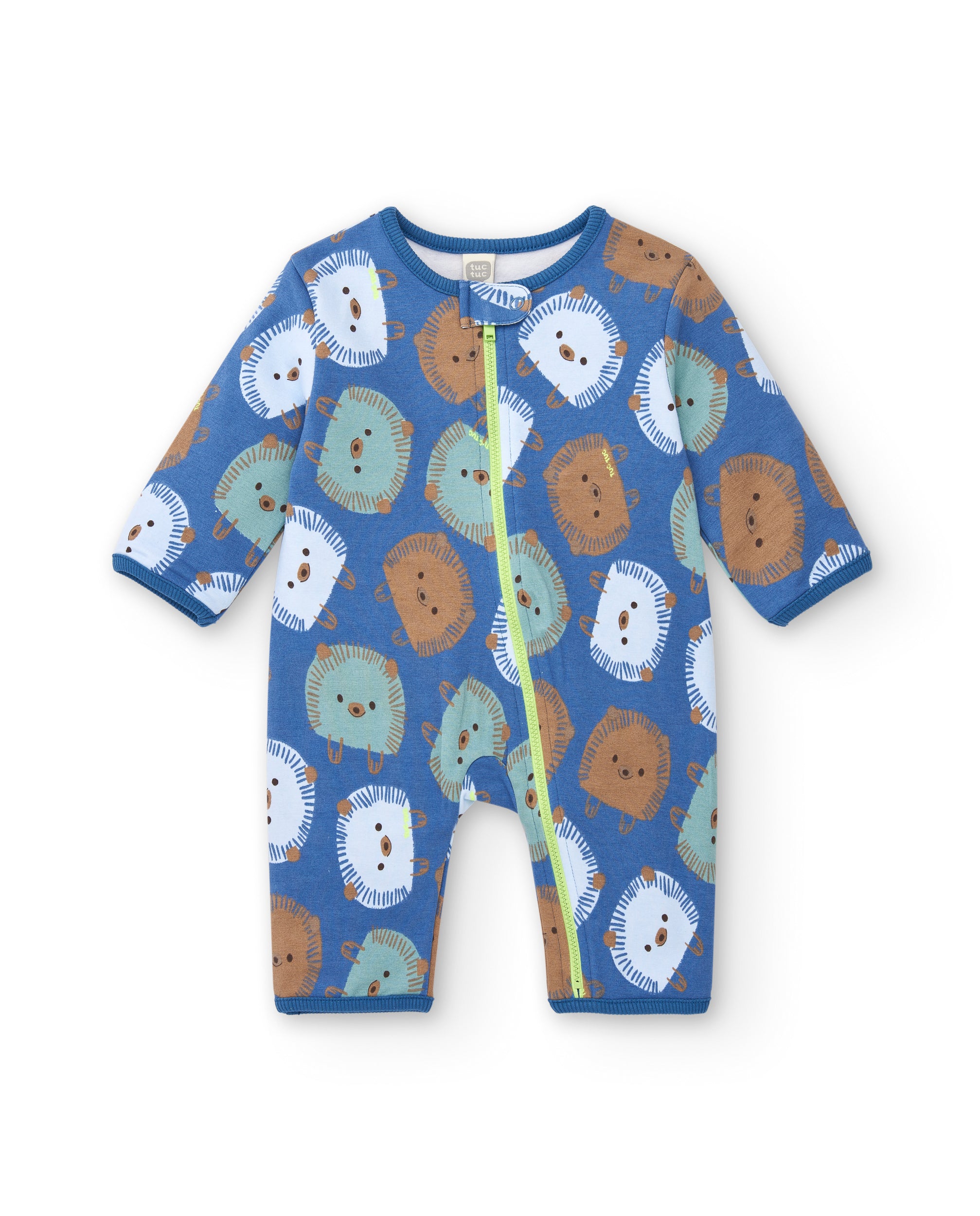 Pelele de manga larga para niño en azul con estampado de erizos