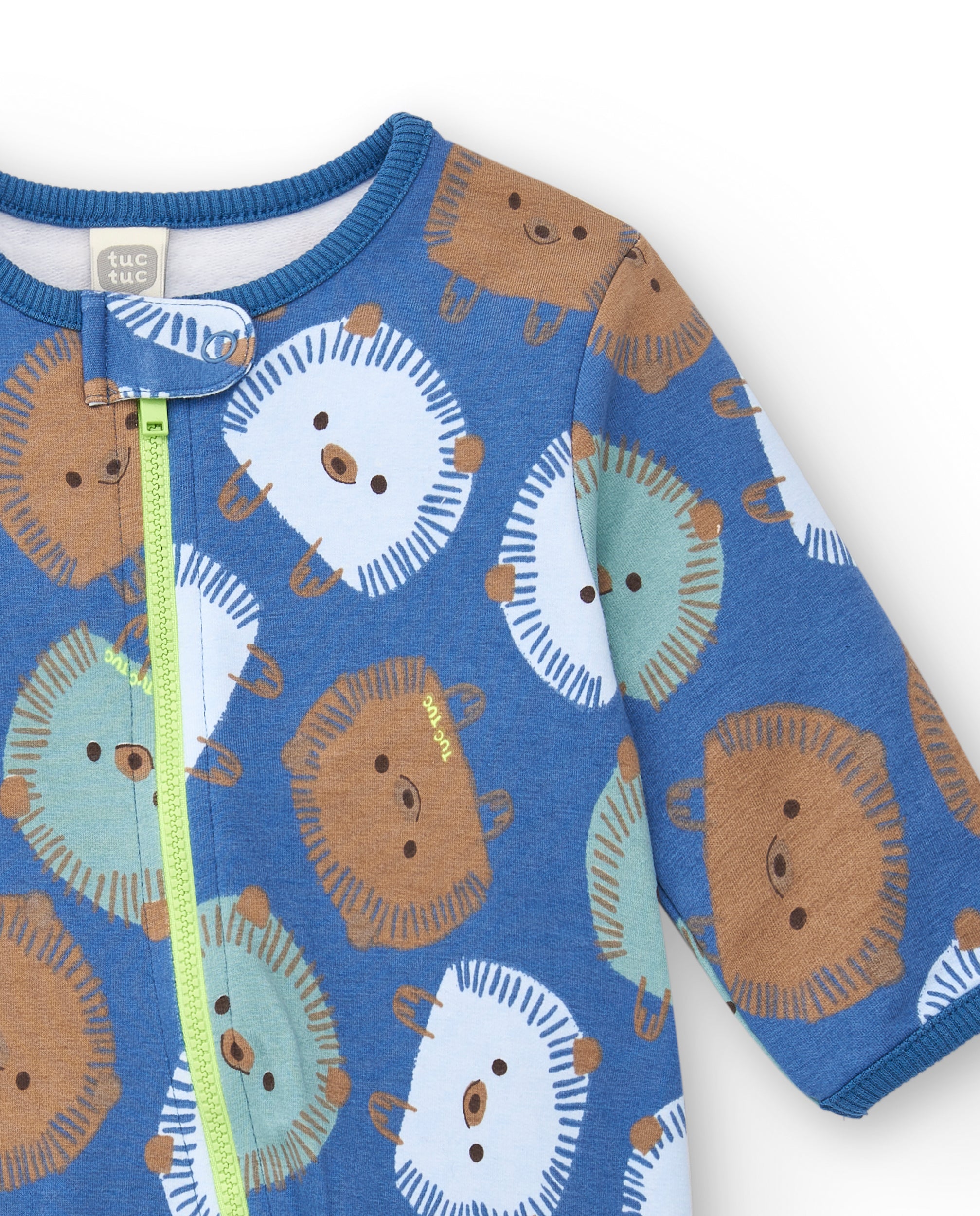 Pelele de manga larga para niño en azul con estampado de erizos