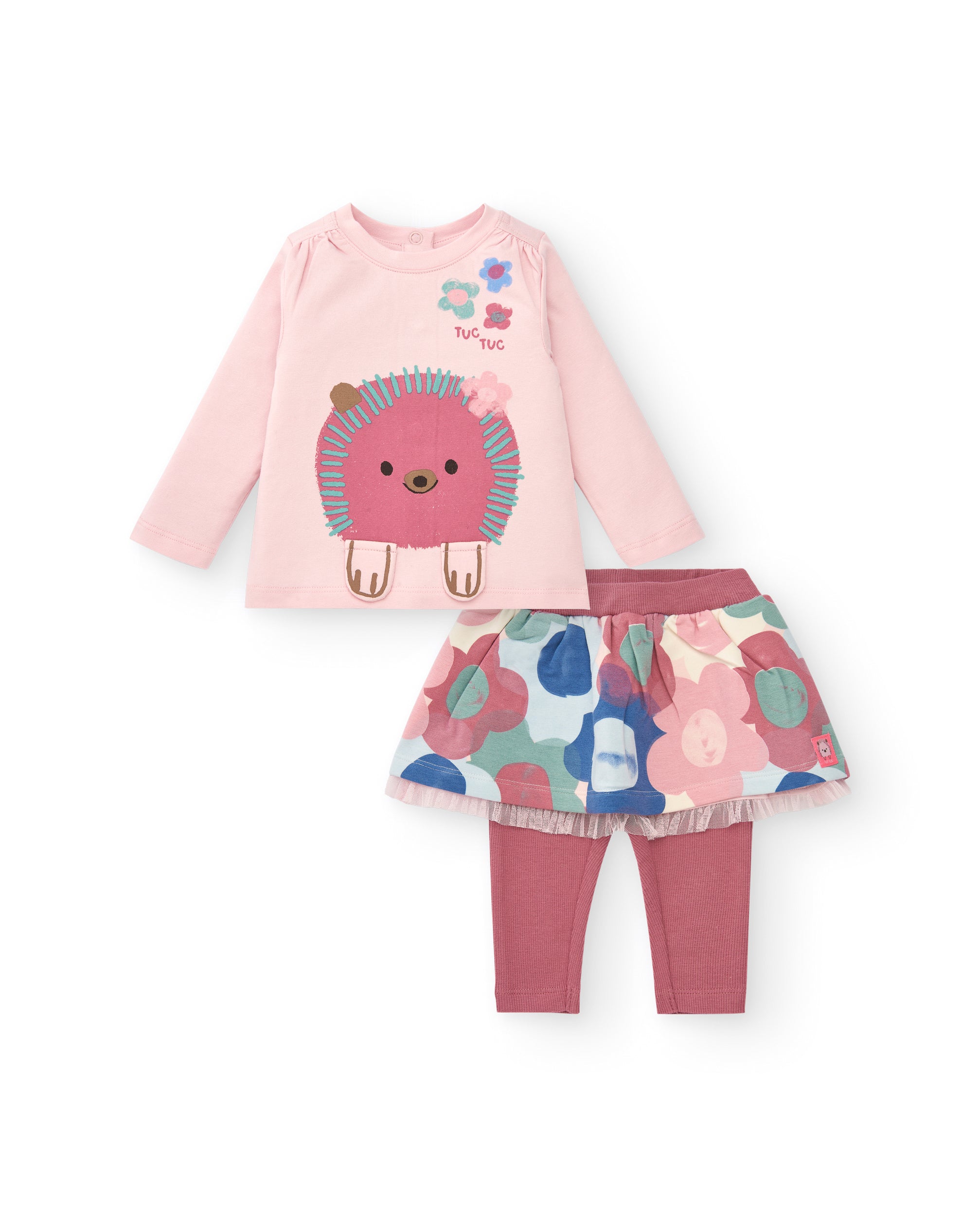 Conjunto de camiseta y falda con leggings para niña en rosa con