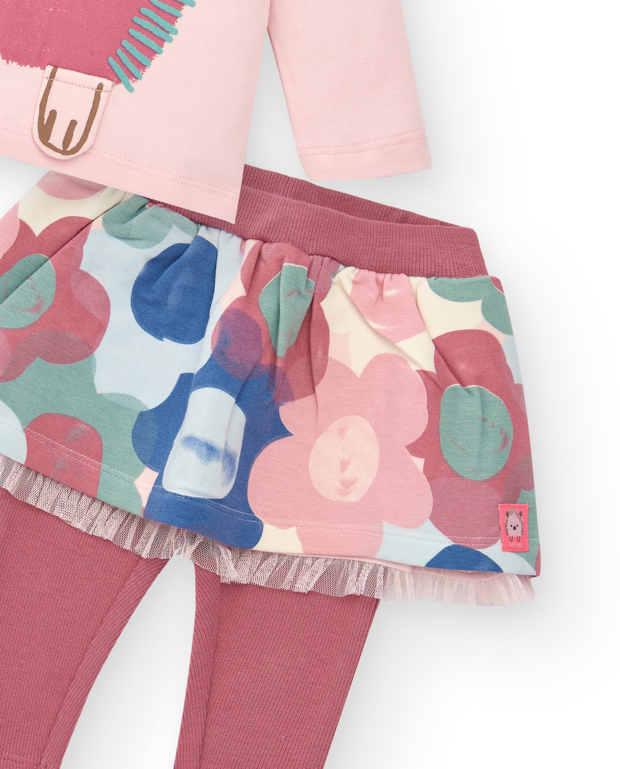 Conjunto de camiseta y falda con leggings para niña en rosa con