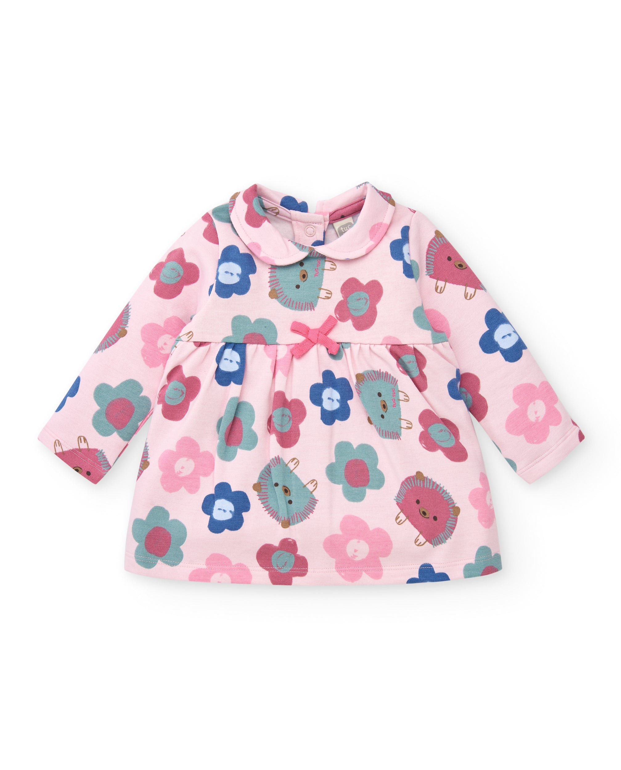 Vestido para niña en rosa con estampado floral y erizos