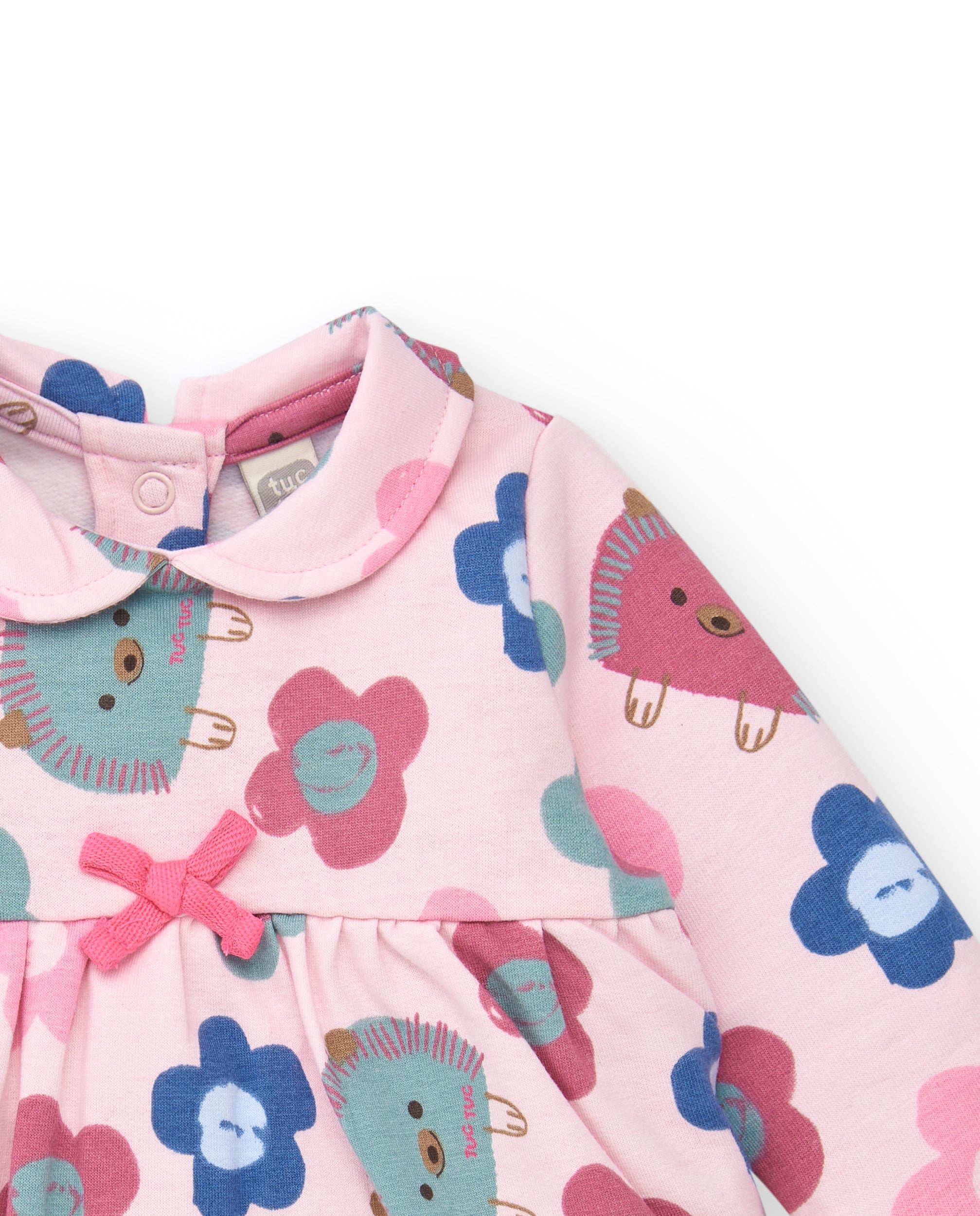 Vestido para niña en rosa con estampado floral y erizos