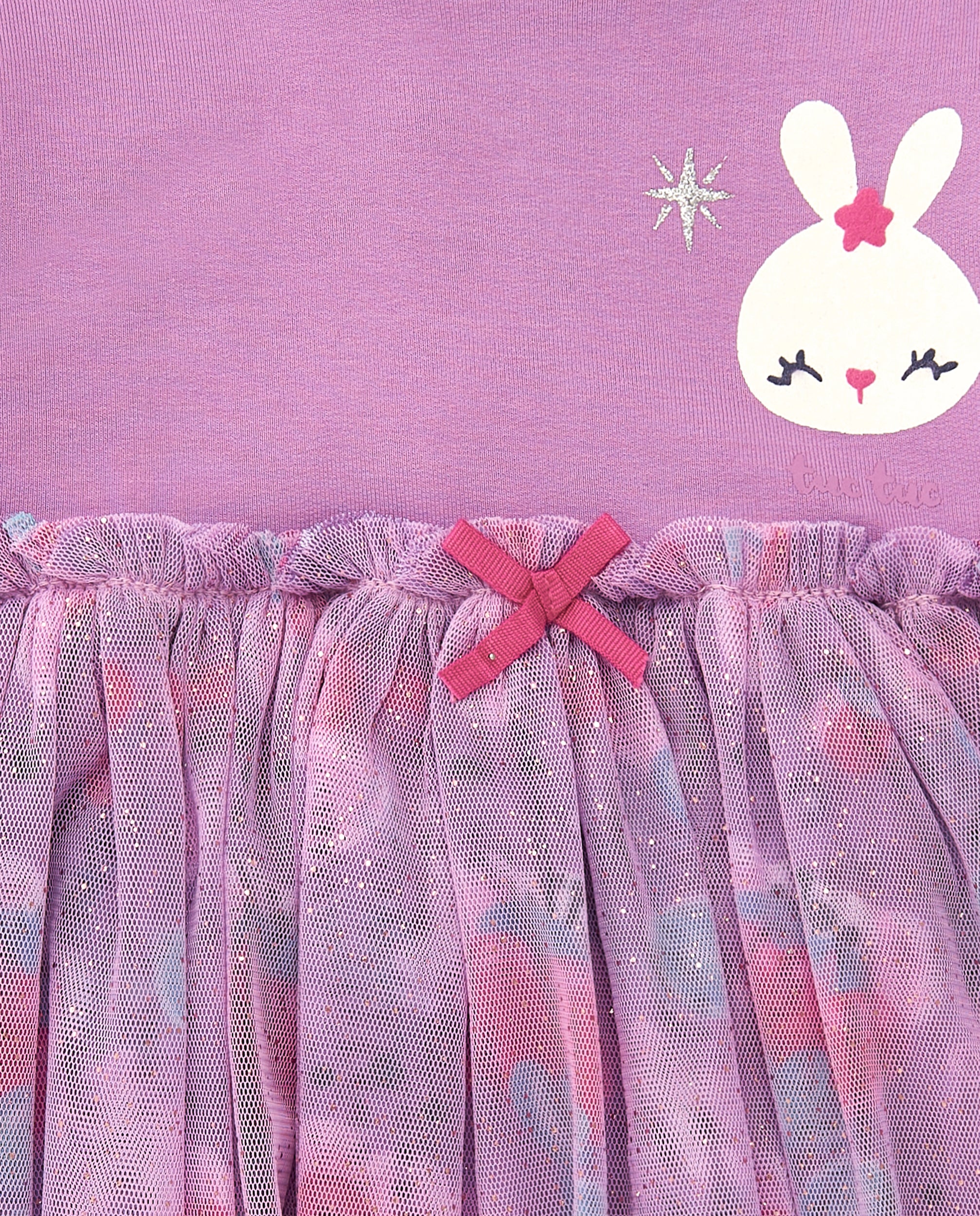 Vestido para niña en lila con tul y estampado de conejo