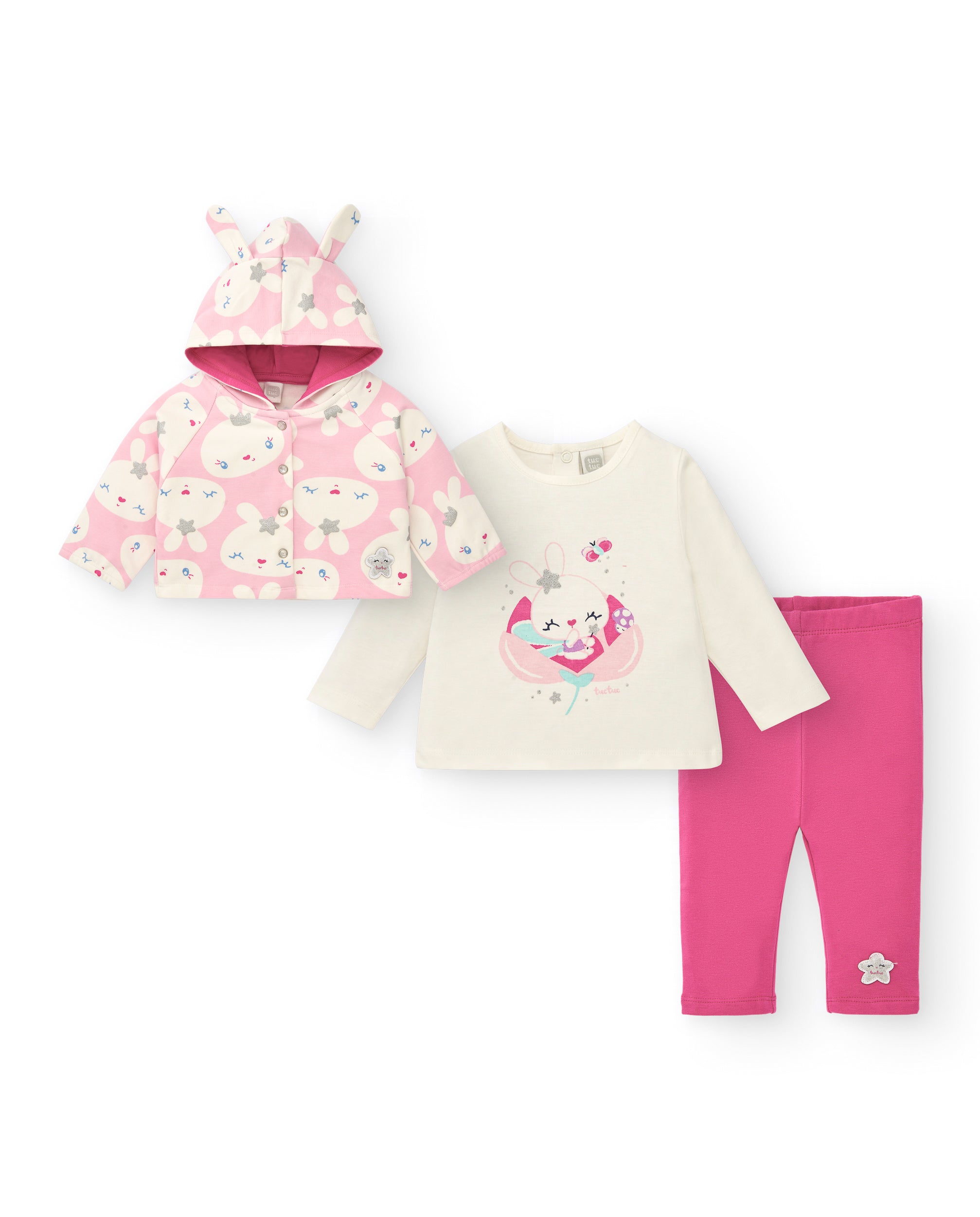 Conjunto para niña en rosa y blanco con estampado de conejitos