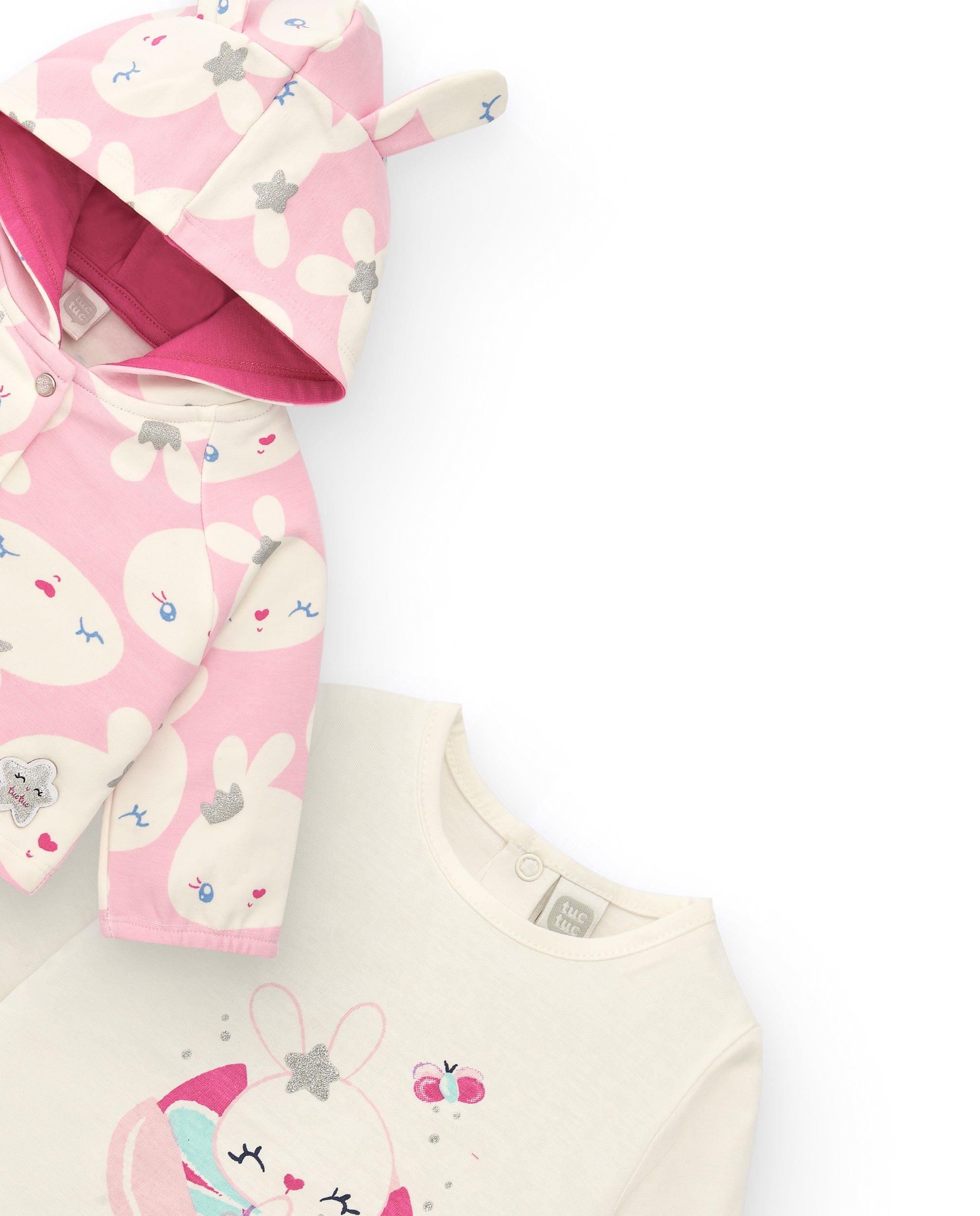Conjunto para niña en rosa y blanco con estampado de conejitos