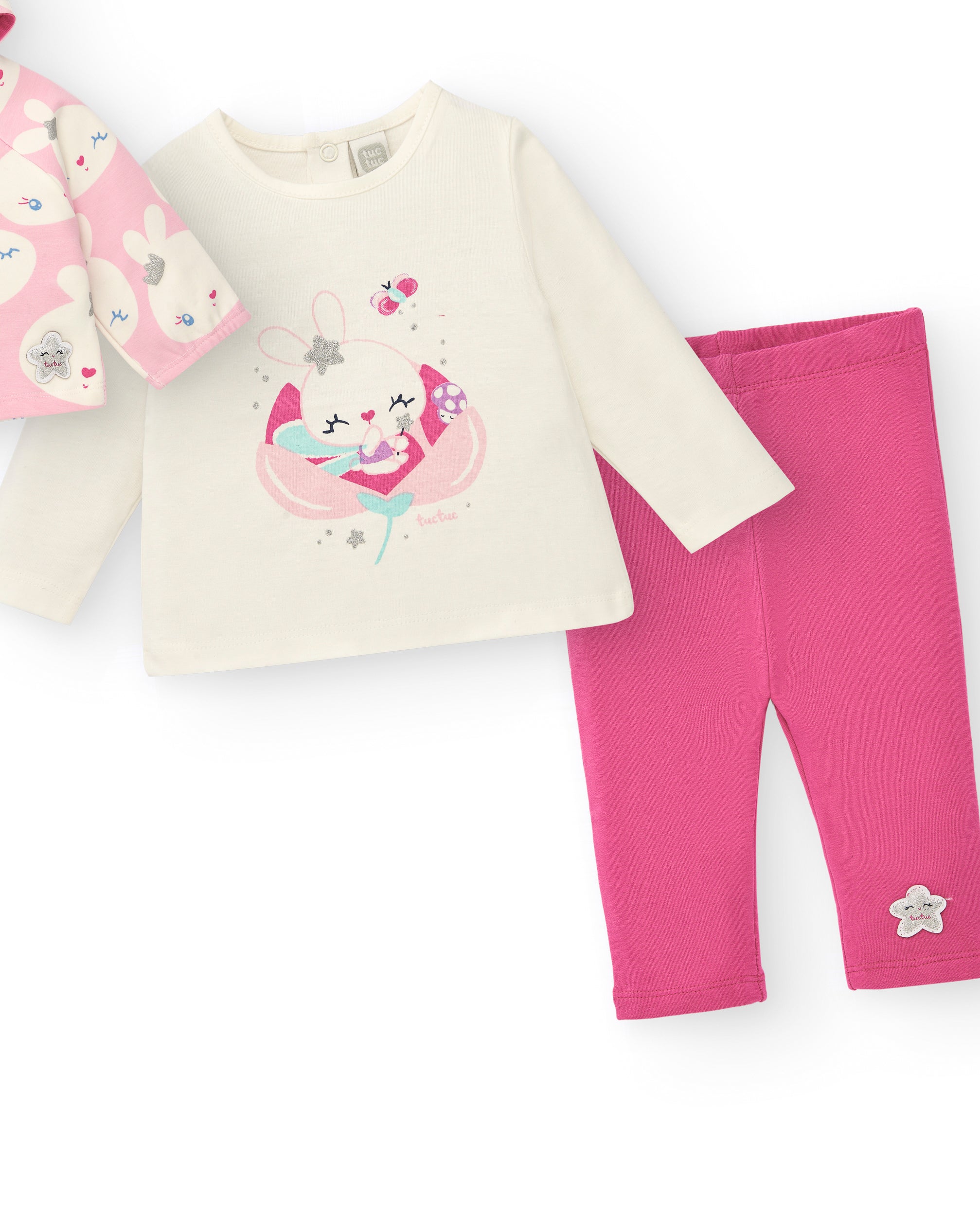 Conjunto para niña en rosa y blanco con estampado de conejitos