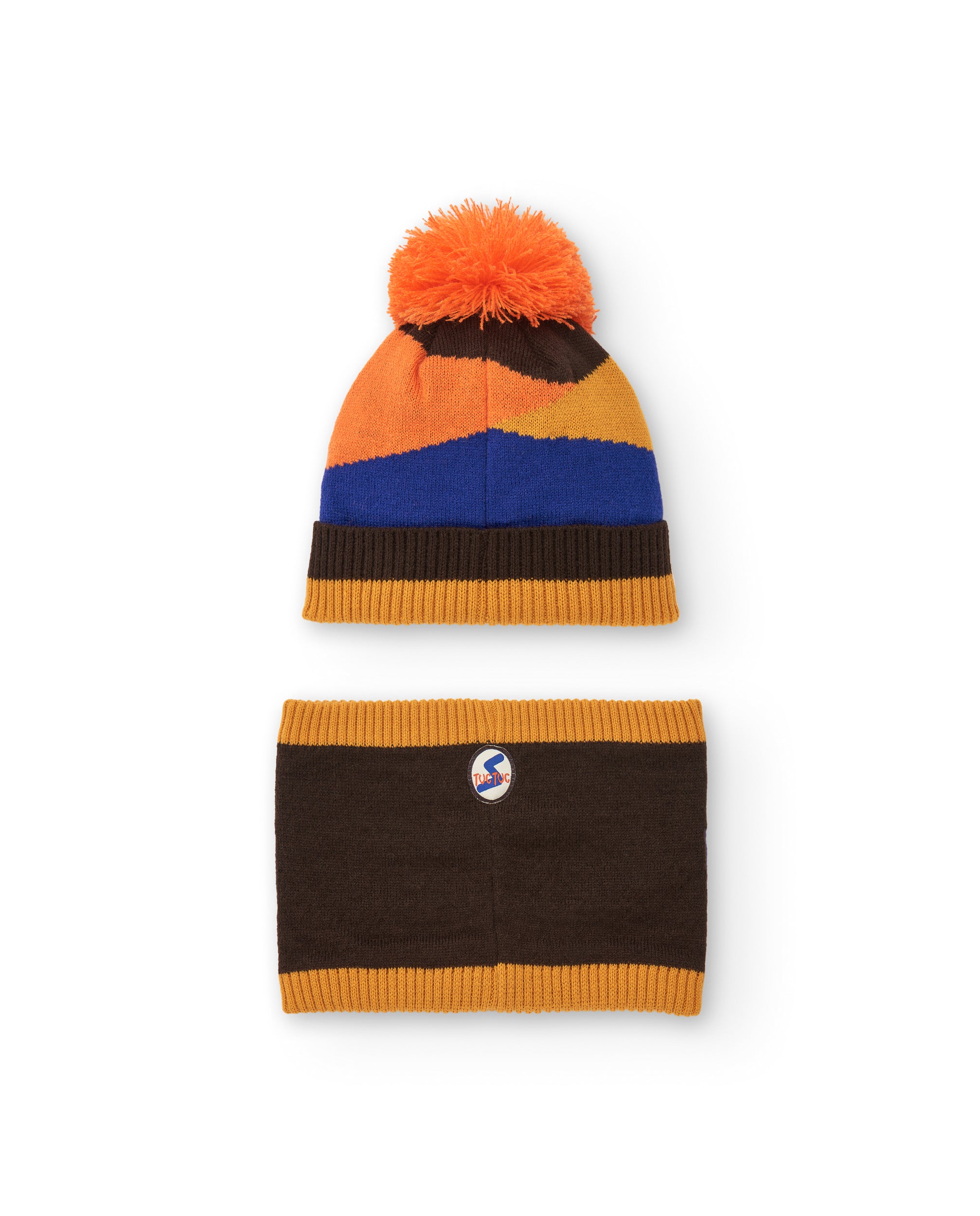 Set de gorro y braga para niño en naranja con estampado de