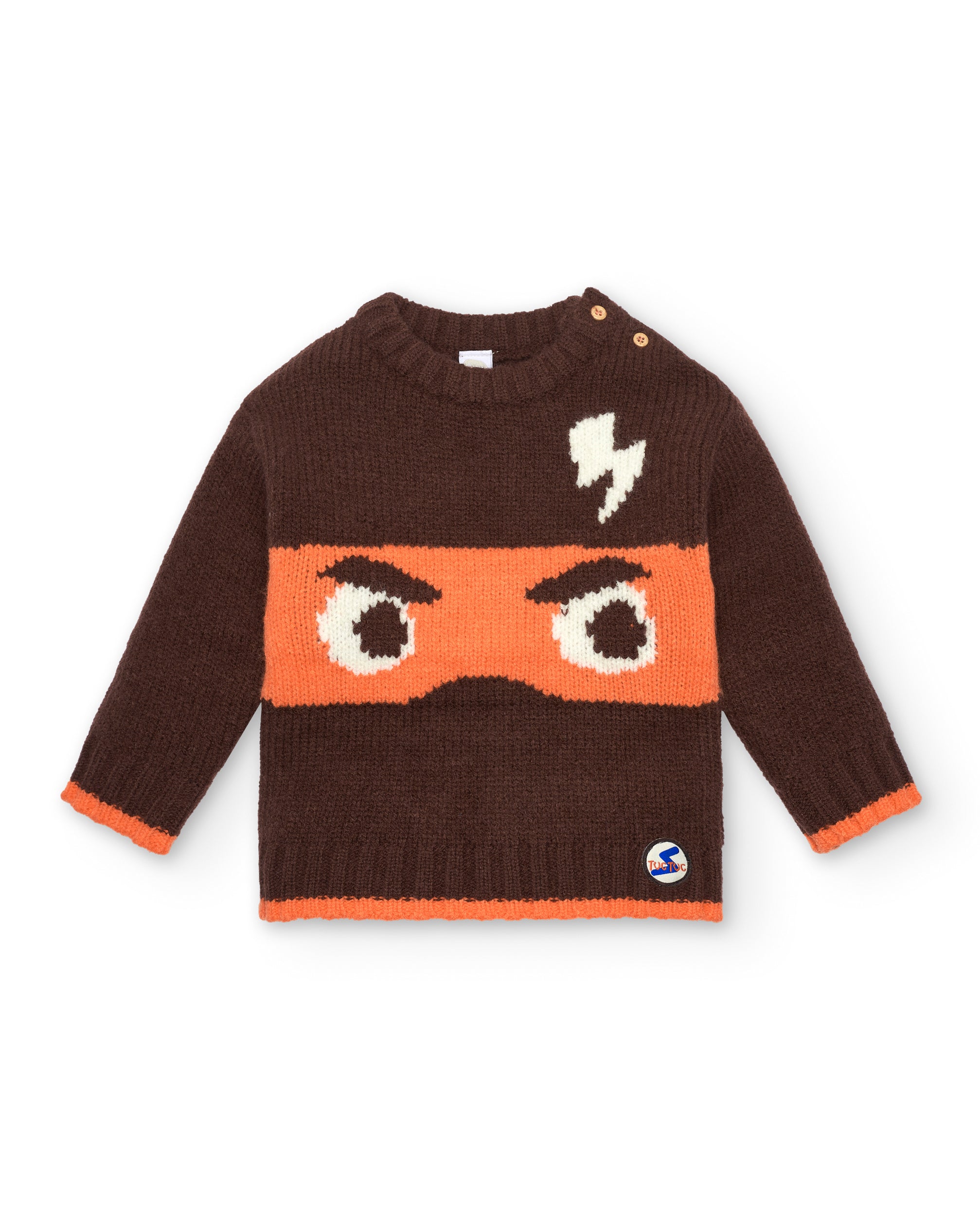 Suéter tejido para niño en marrón con diseño de superhéroe