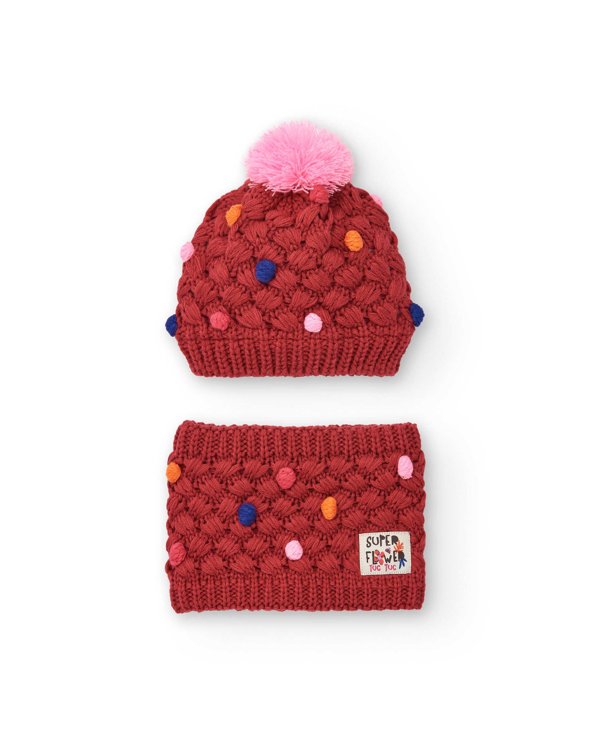 Conjunto de gorro y braga para niña en rojo con pompones