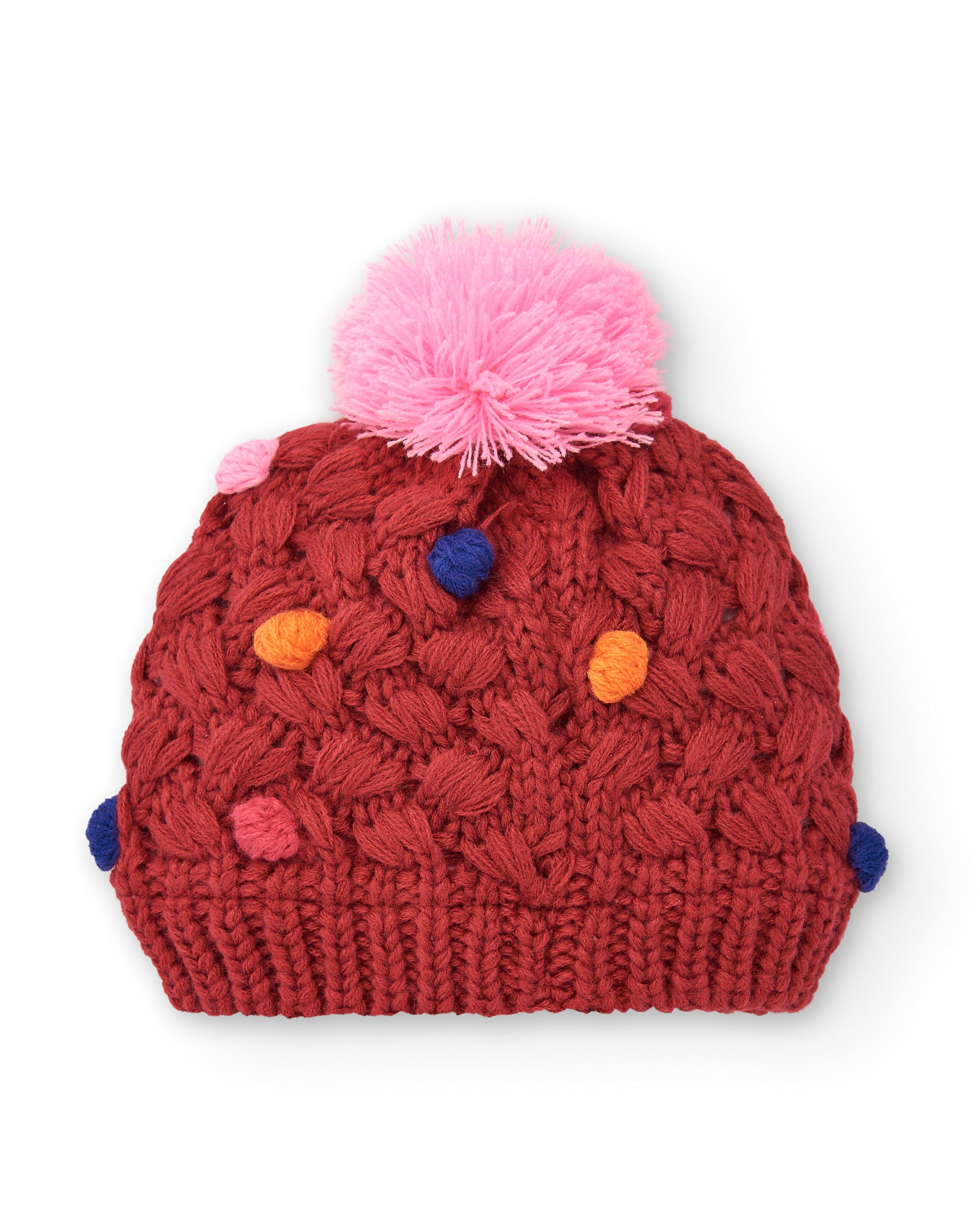 Gorro para niña en rojo con pompones multicolor colección Super