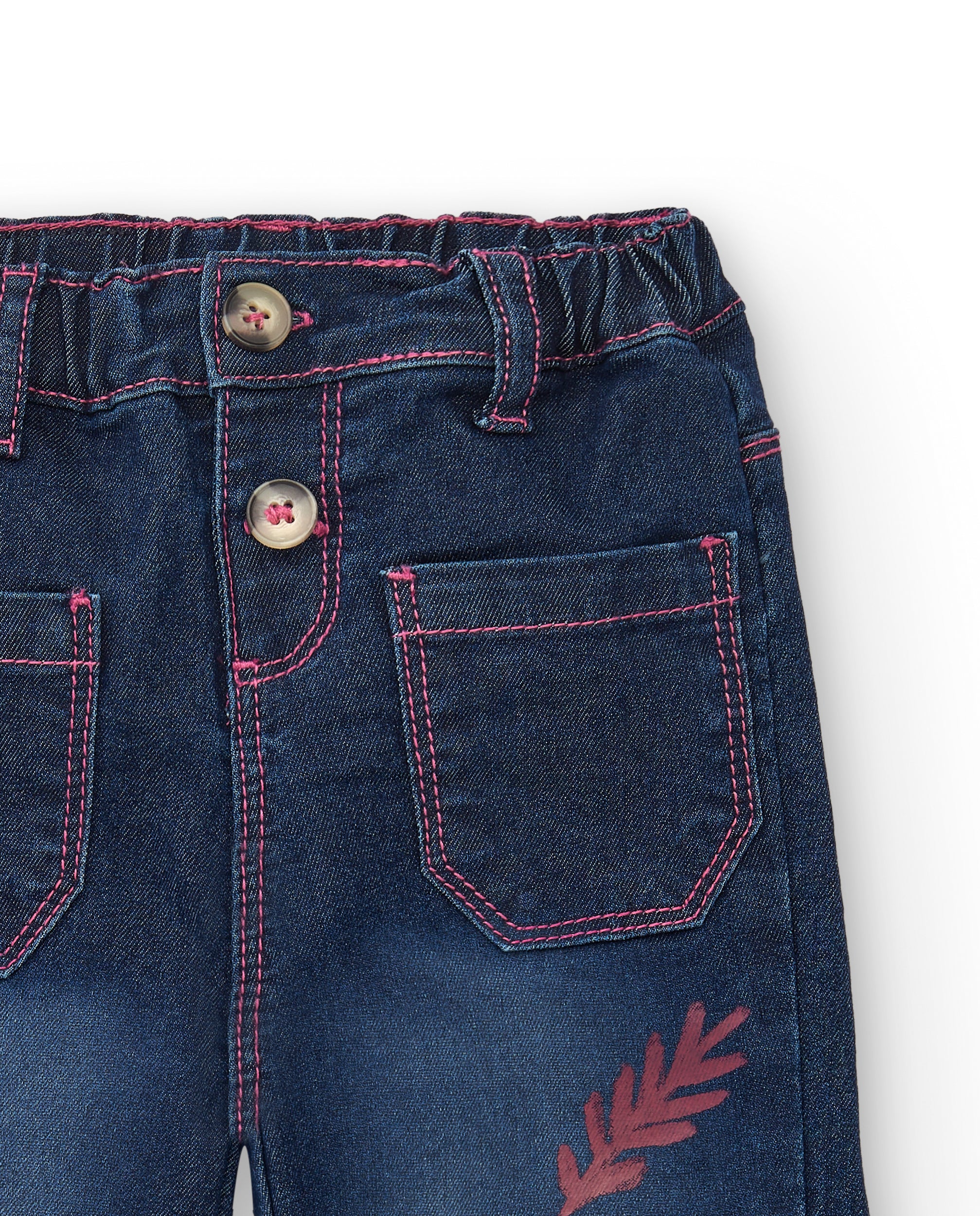 Pantalón vaquero para niña en azul con estampado floral