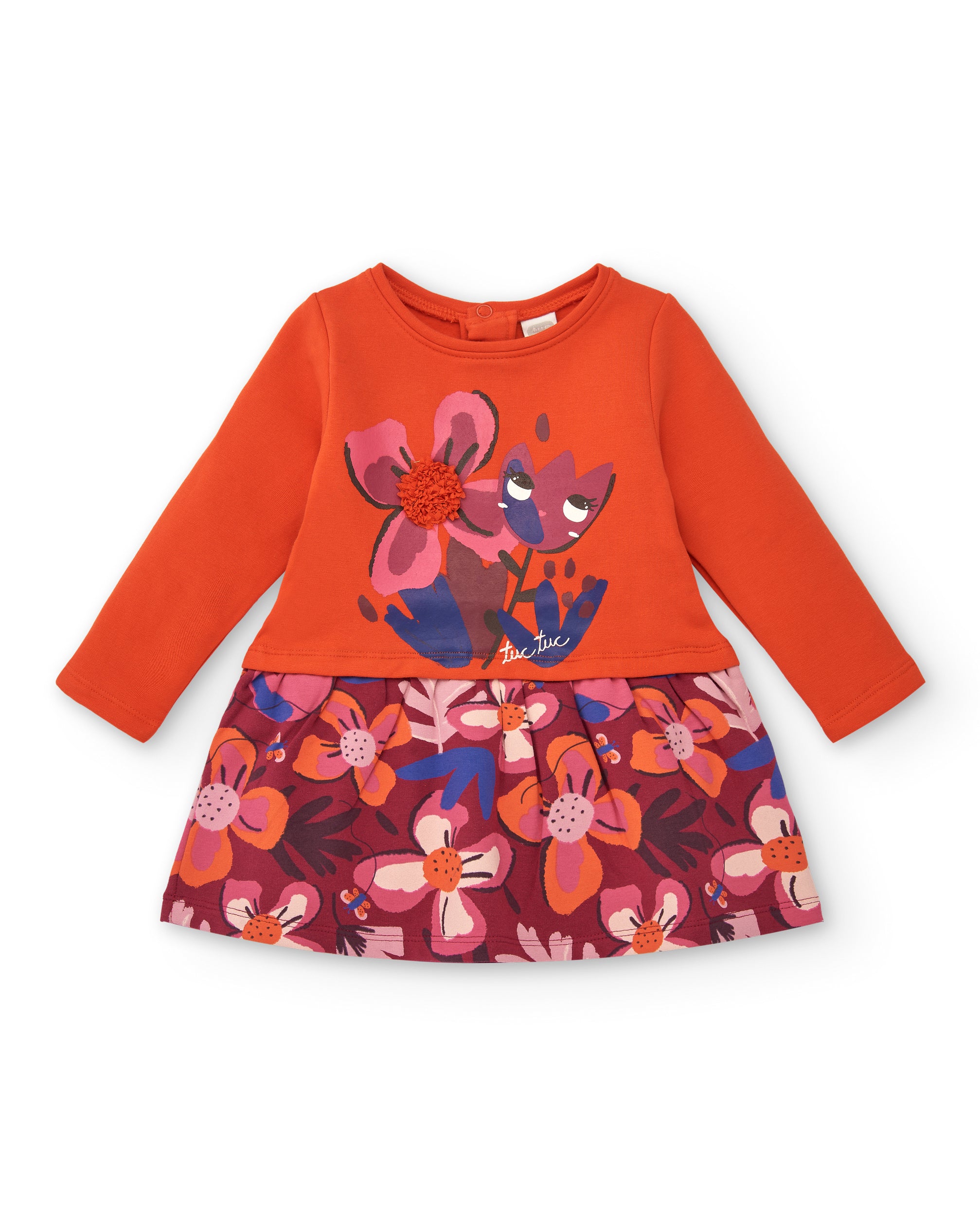 Vestido felpa para niña en naranja con falda estampada floral