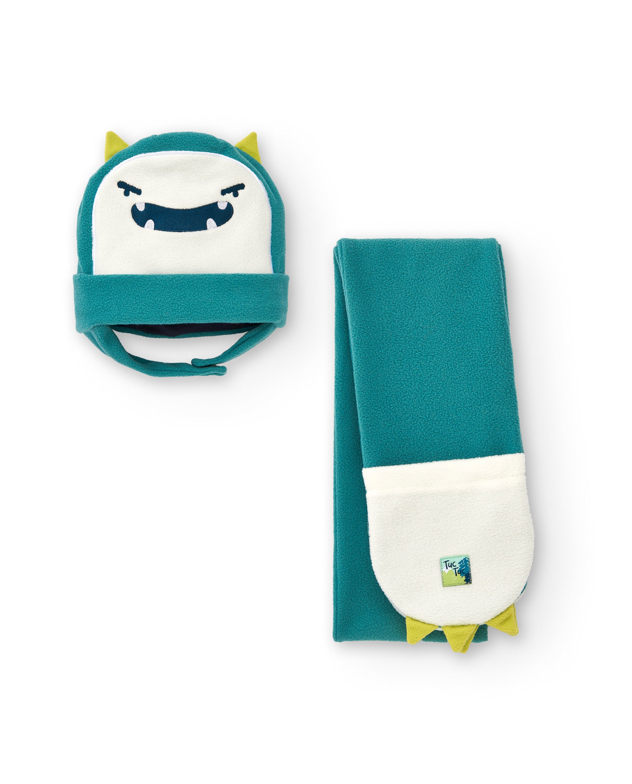 Set de gorro y bufanda verde con diseño de monstruo para niño