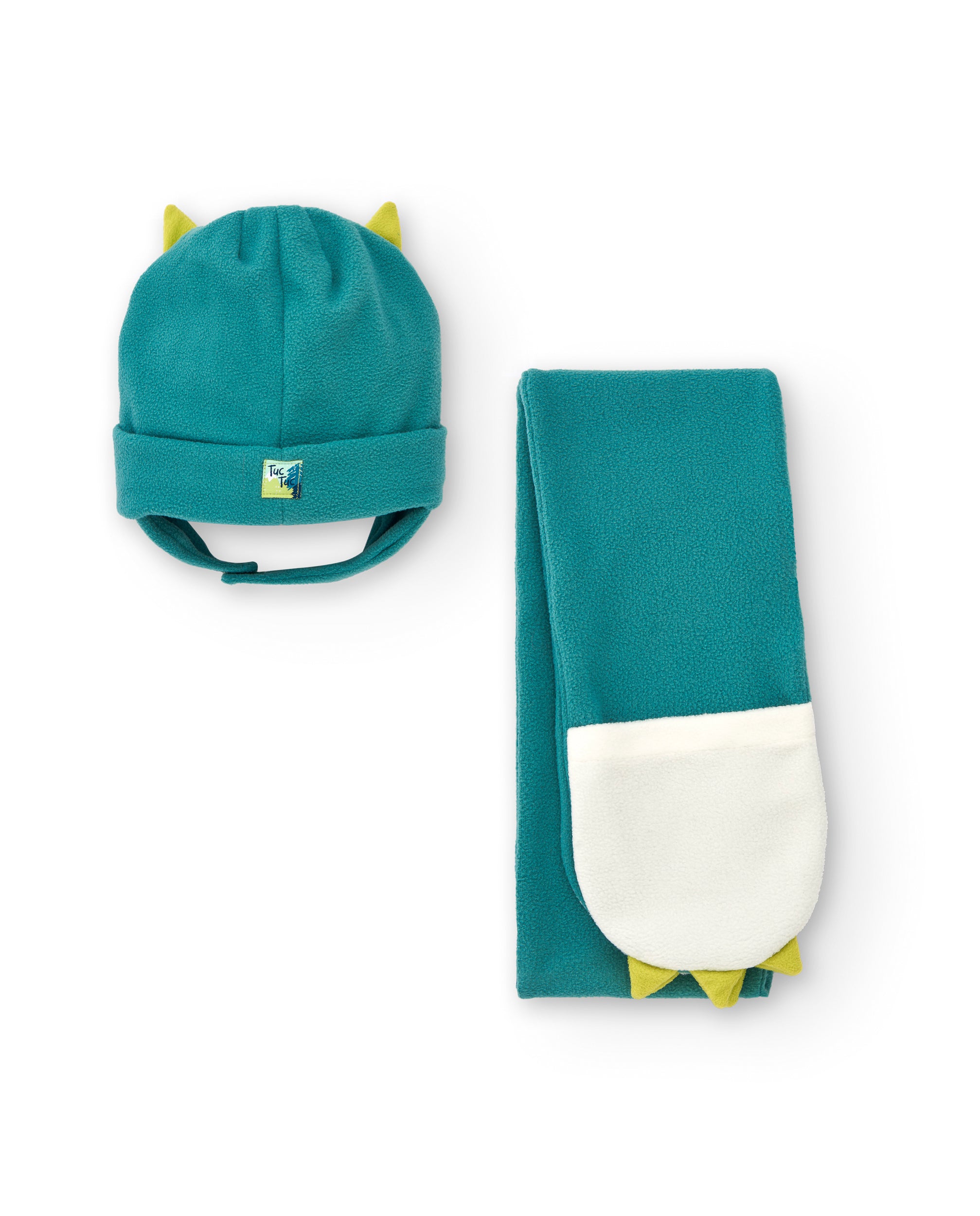 Set de gorro y bufanda verde con diseño de monstruo para niño