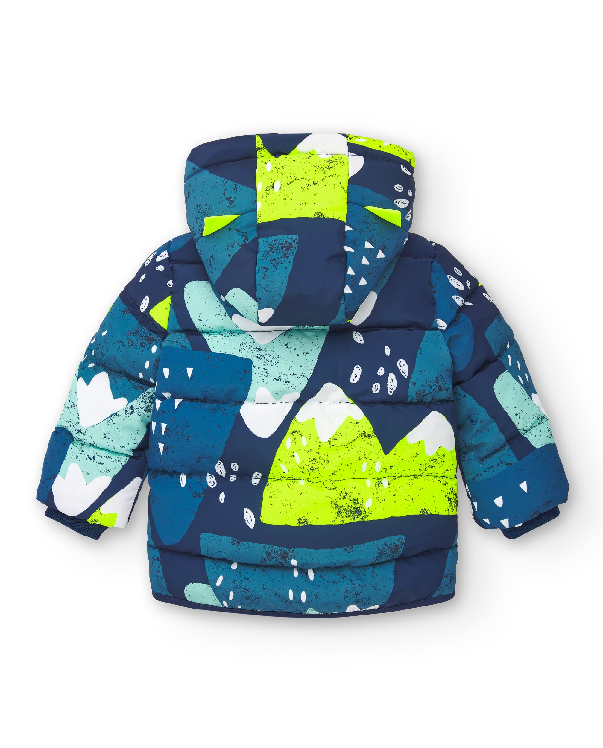 Abrigo acolchado con capucha y estampado de montaña para niño