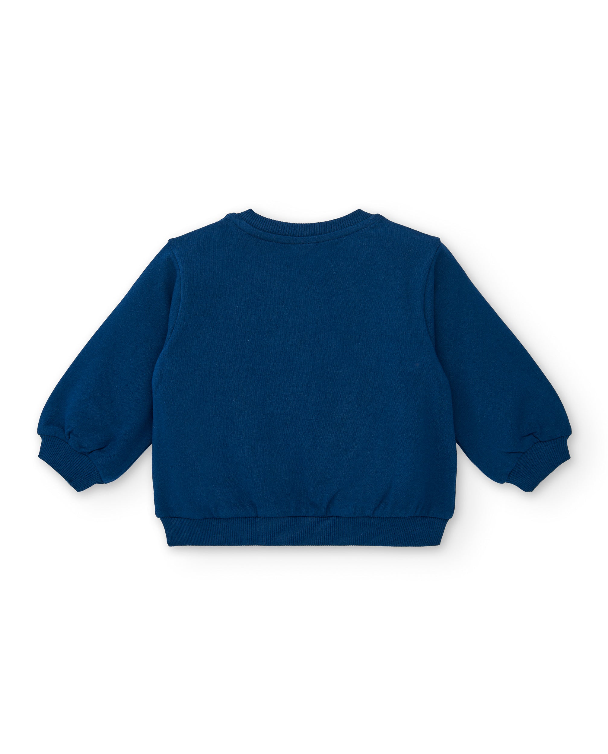 Sudadera azul con diseño colorido de texto y personaje invernal