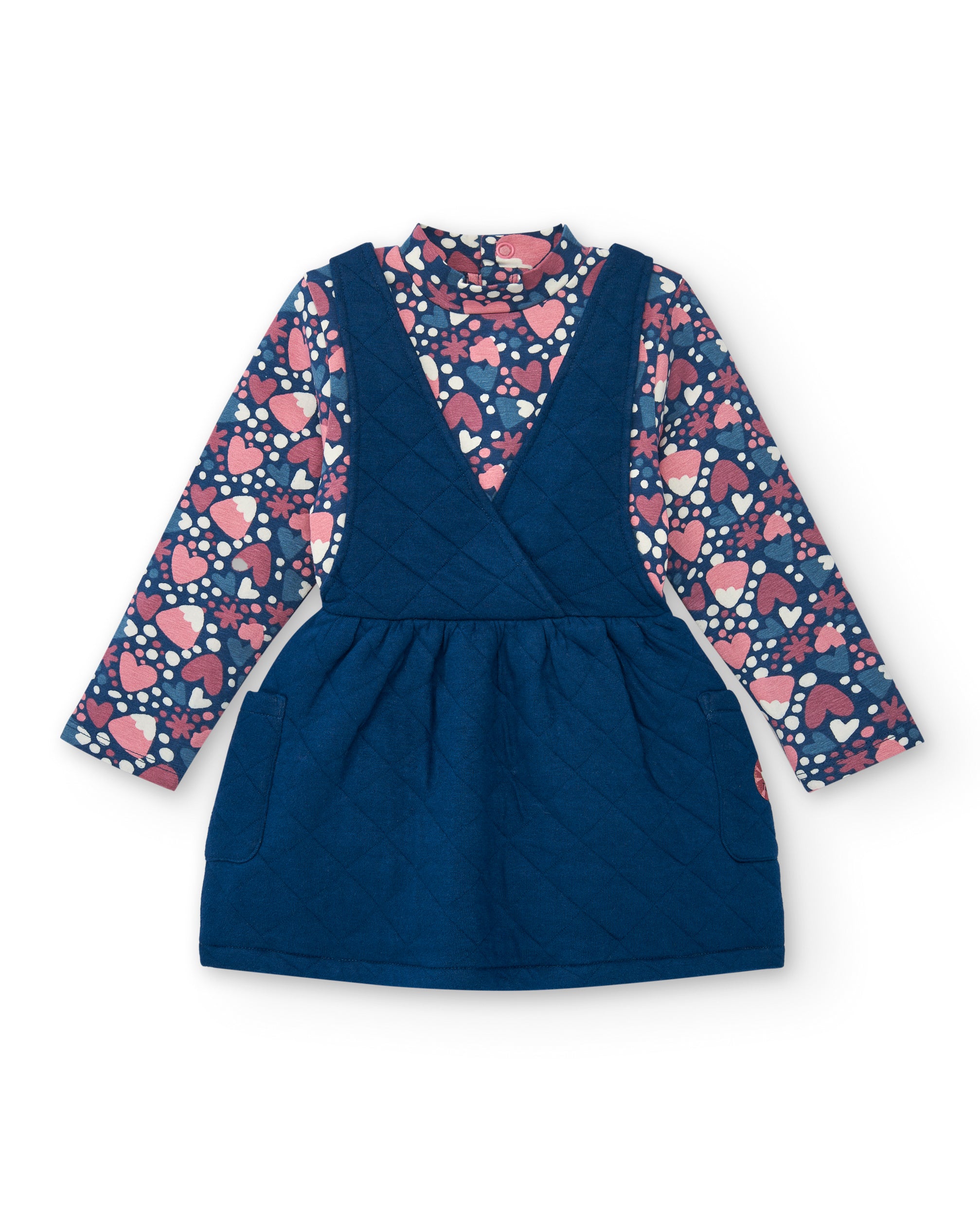 Conjunto de vestido acolchado azul con camiseta estampada para