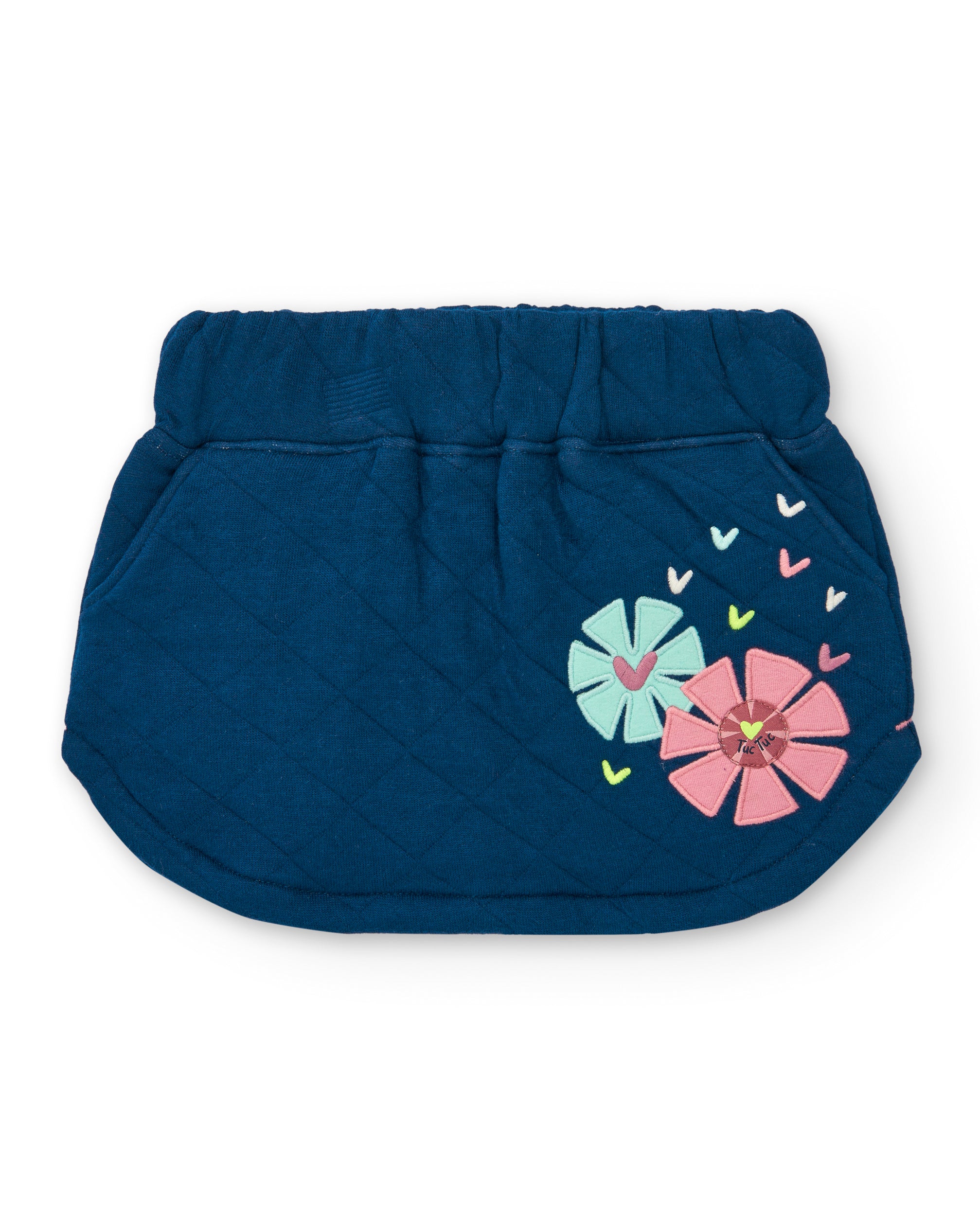 Falda acolchada azul con detalles de flores para niña de la