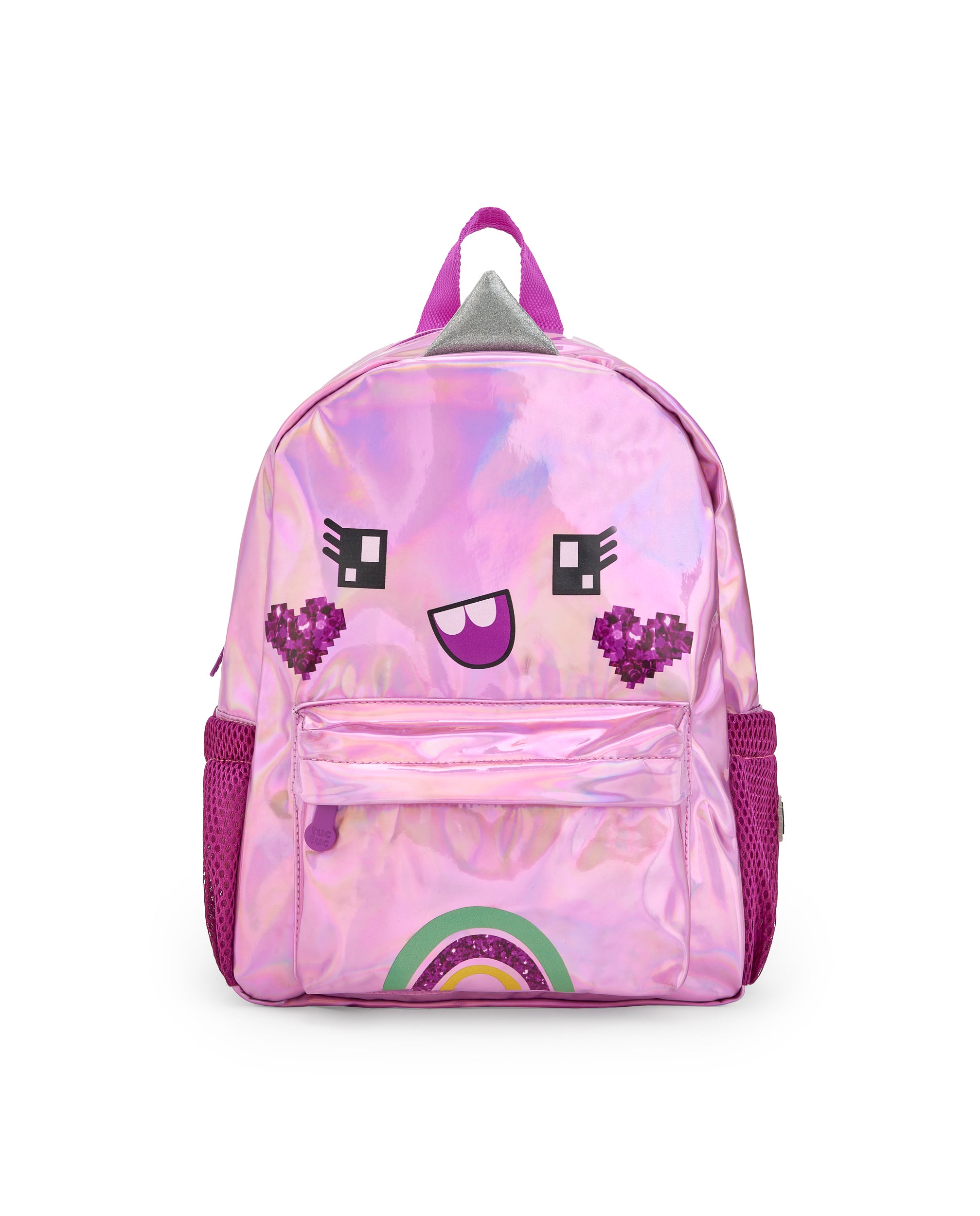 Mochila para niña en rosa brillante con diseño de cara