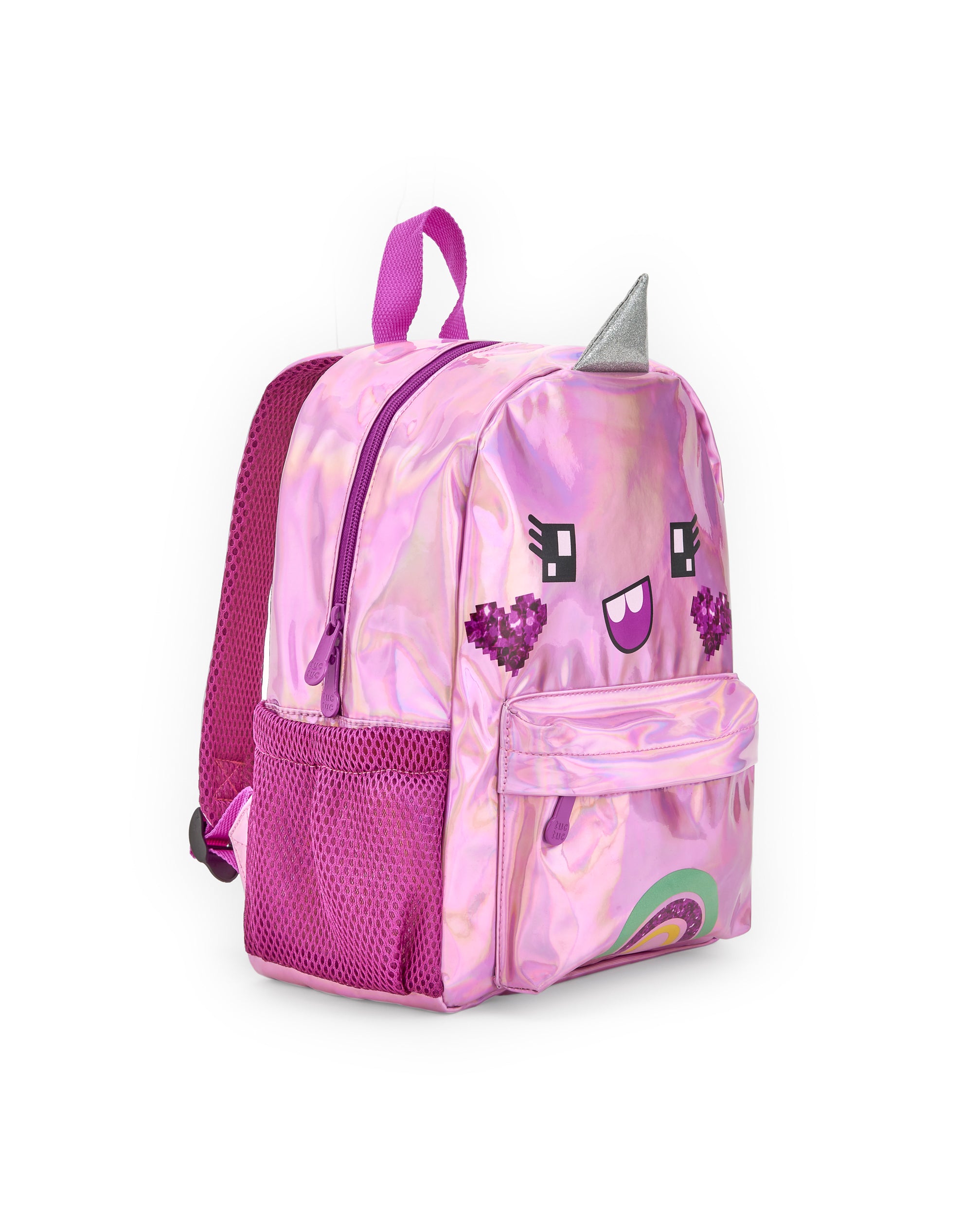Mochila para niña en rosa brillante con diseño de cara