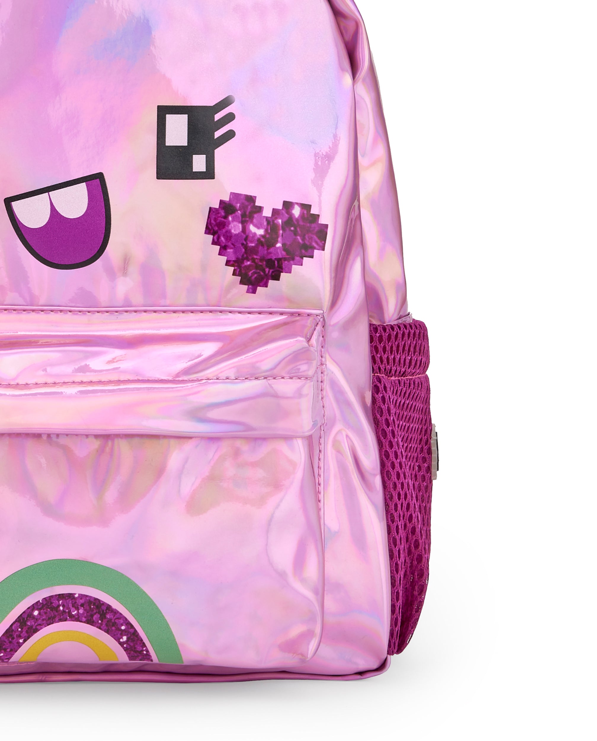 Mochila para niña en rosa brillante con diseño de cara