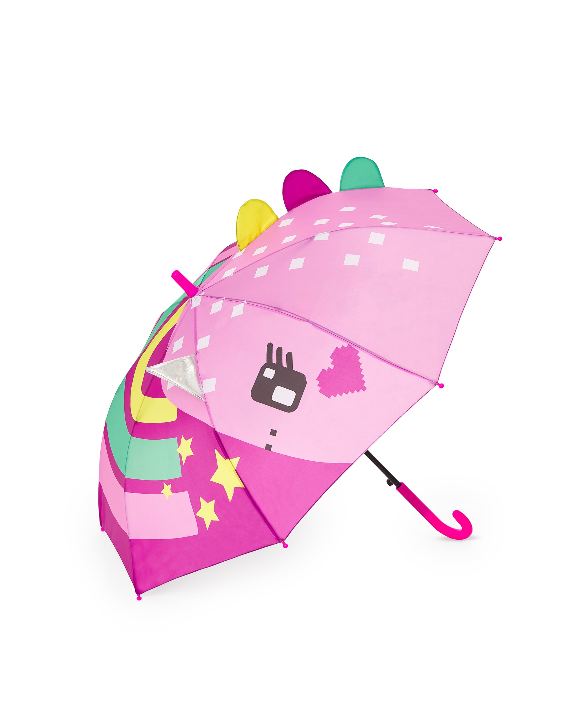 Paraguas para niña en rosa con diseño de dinosaurio y arcoíris
