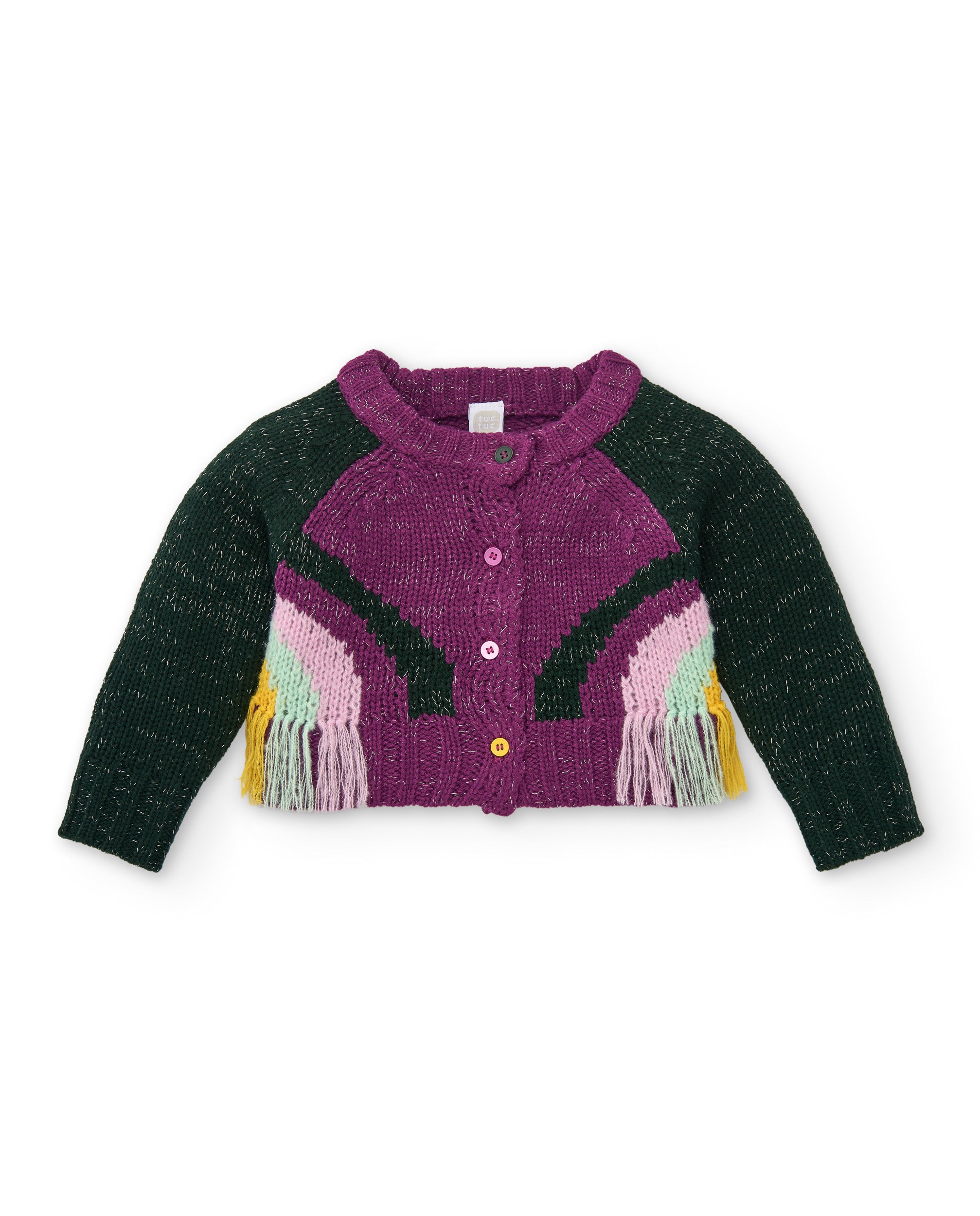 Chaqueta de punto con flecos para niña en color morado y verde