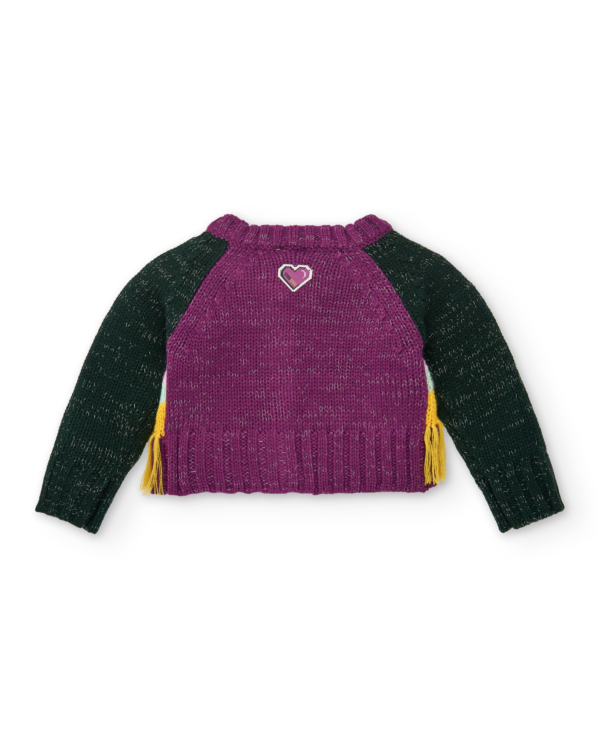 Chaqueta de punto con flecos para niña en color morado y verde