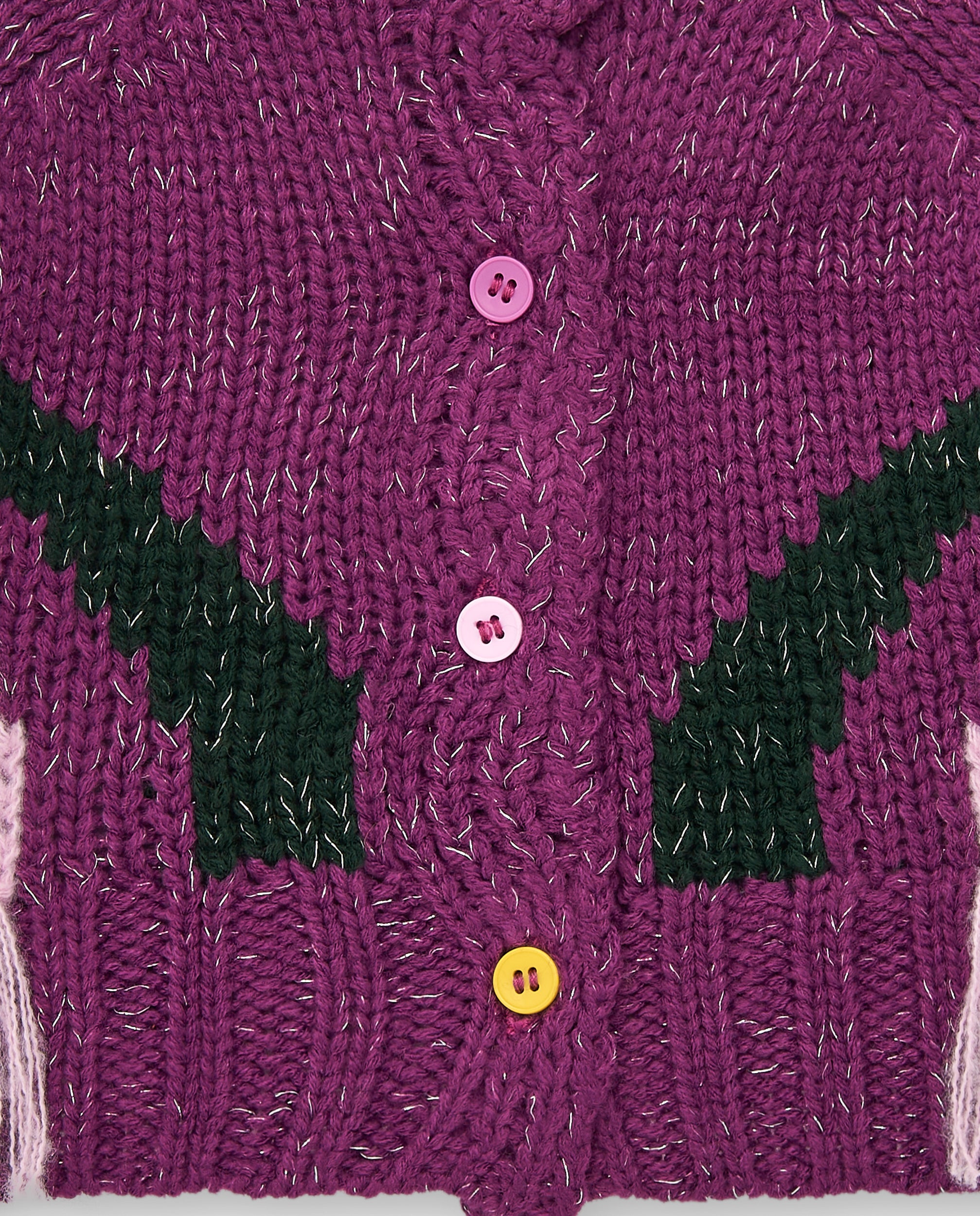 Chaqueta de punto con flecos para niña en color morado y verde