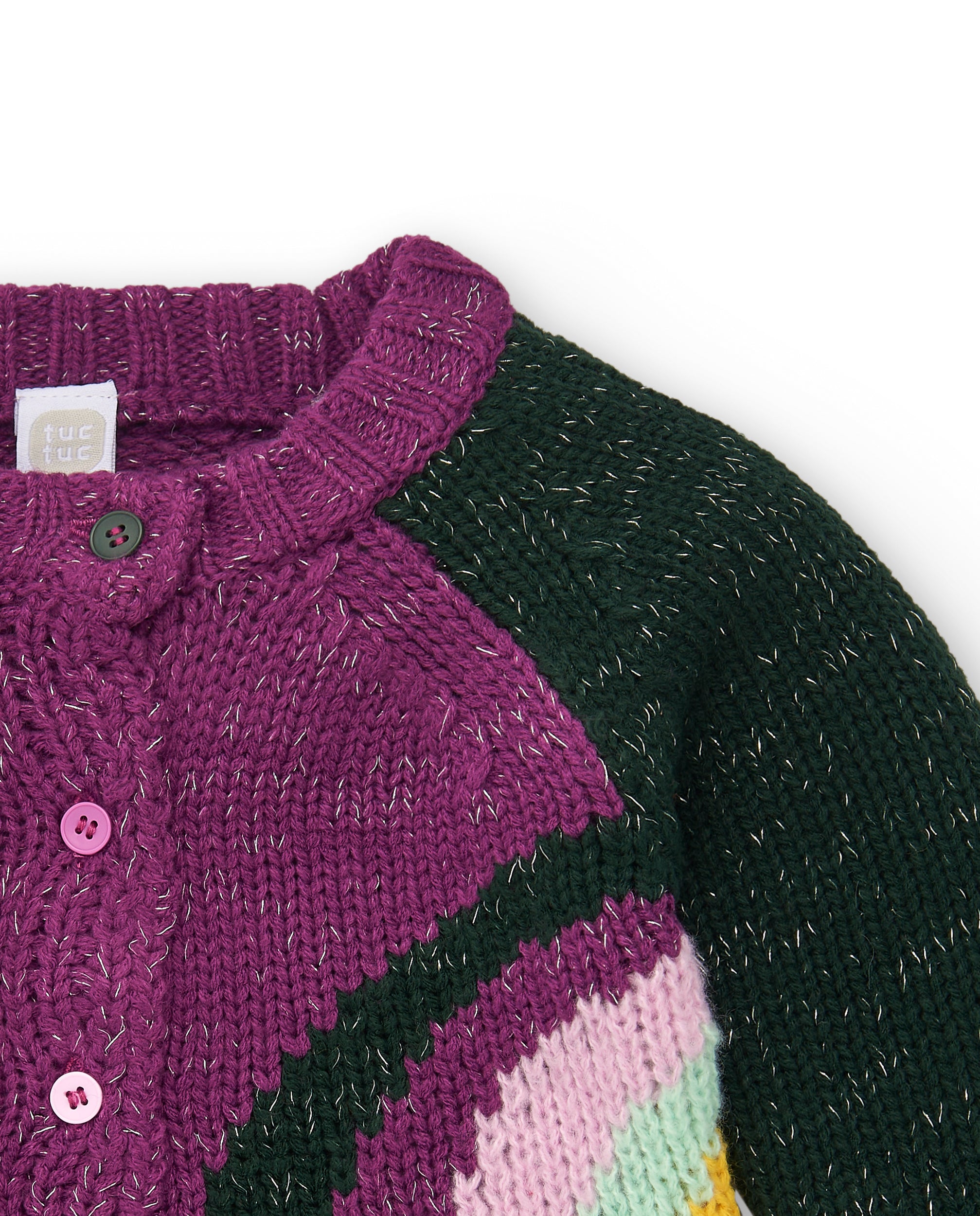 Chaqueta de punto con flecos para niña en color morado y verde
