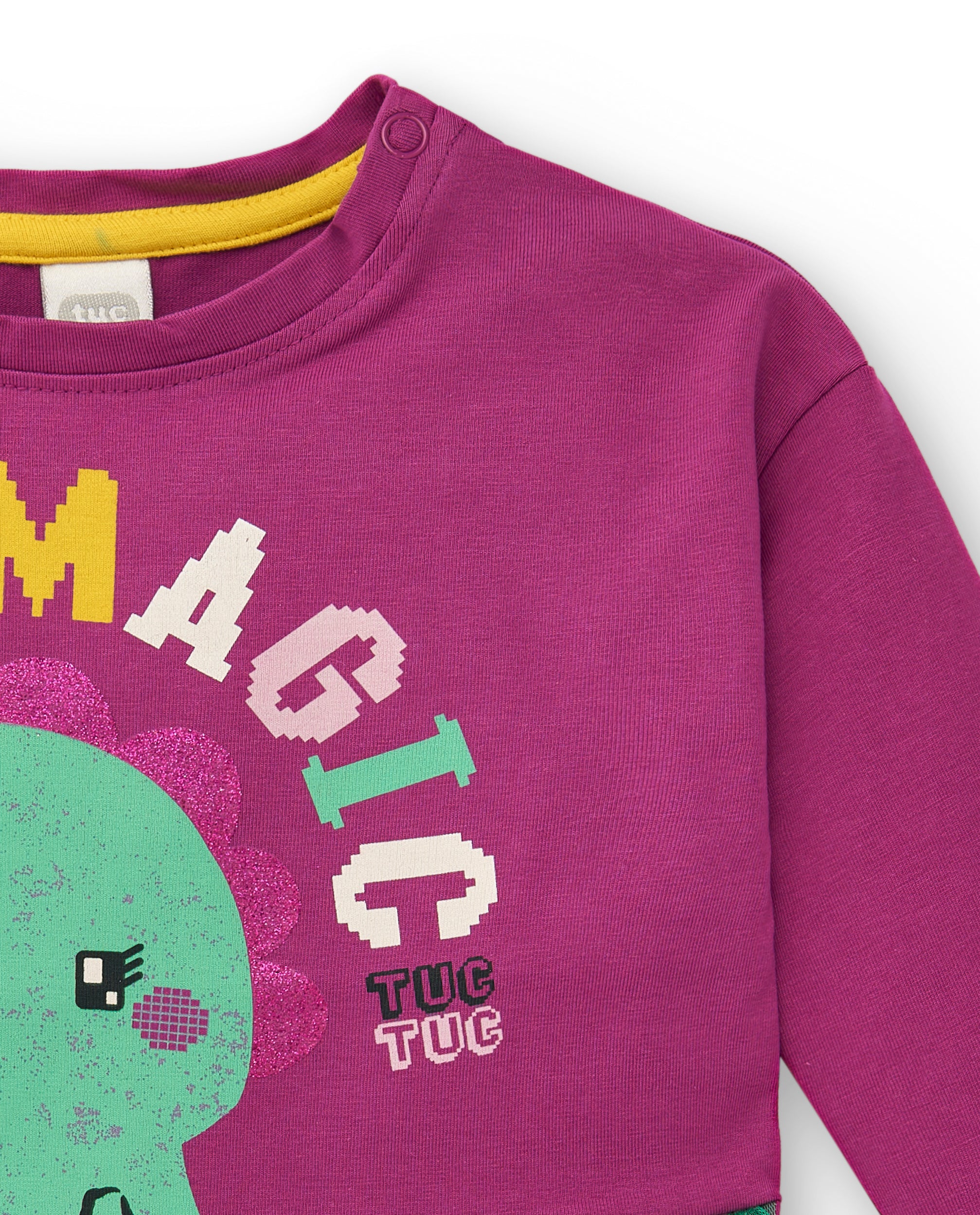 Camiseta manga larga morada con volante arcoíris y dinosaurio
