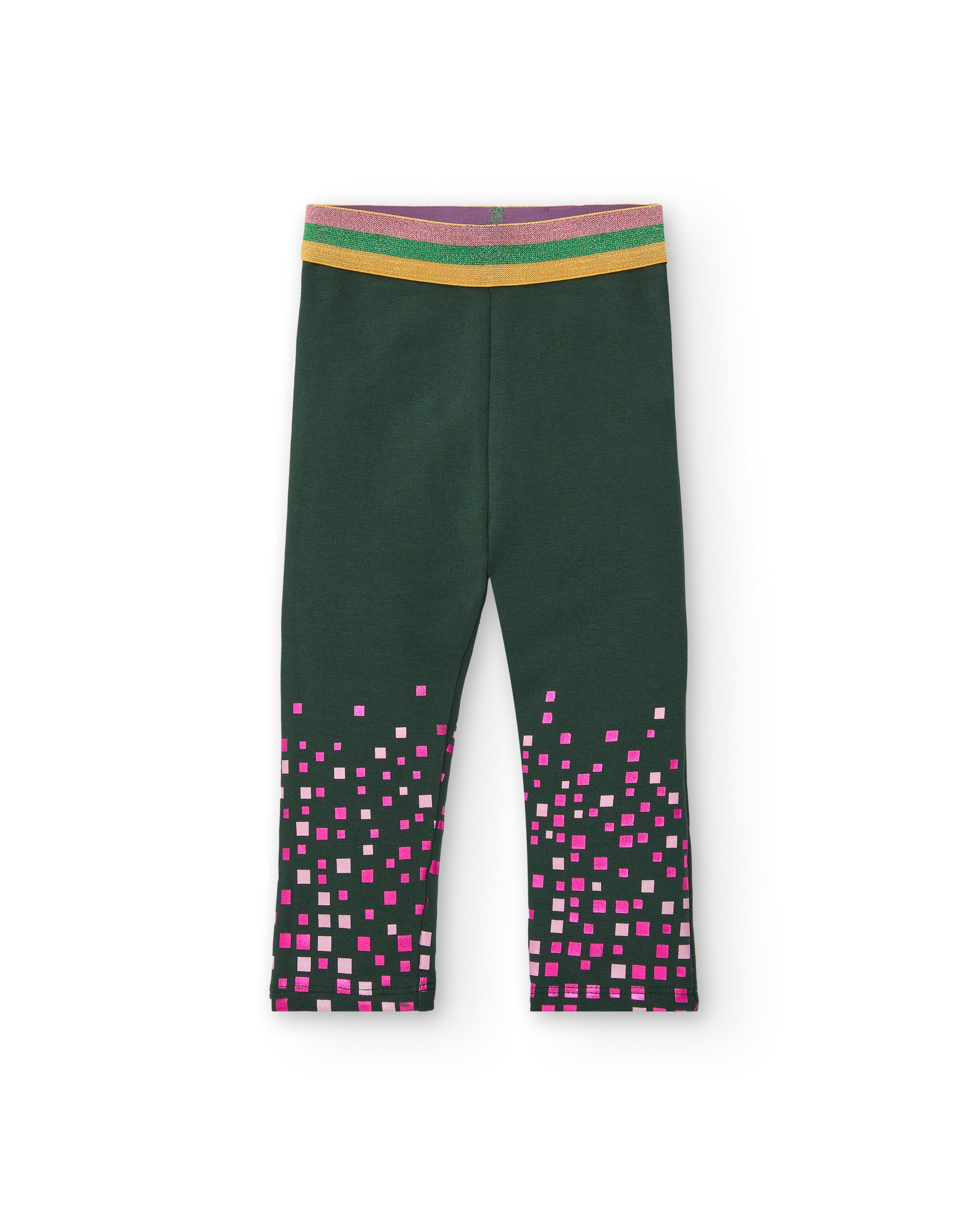 Leggings verdes con detalles de cuadros rosas y cintura