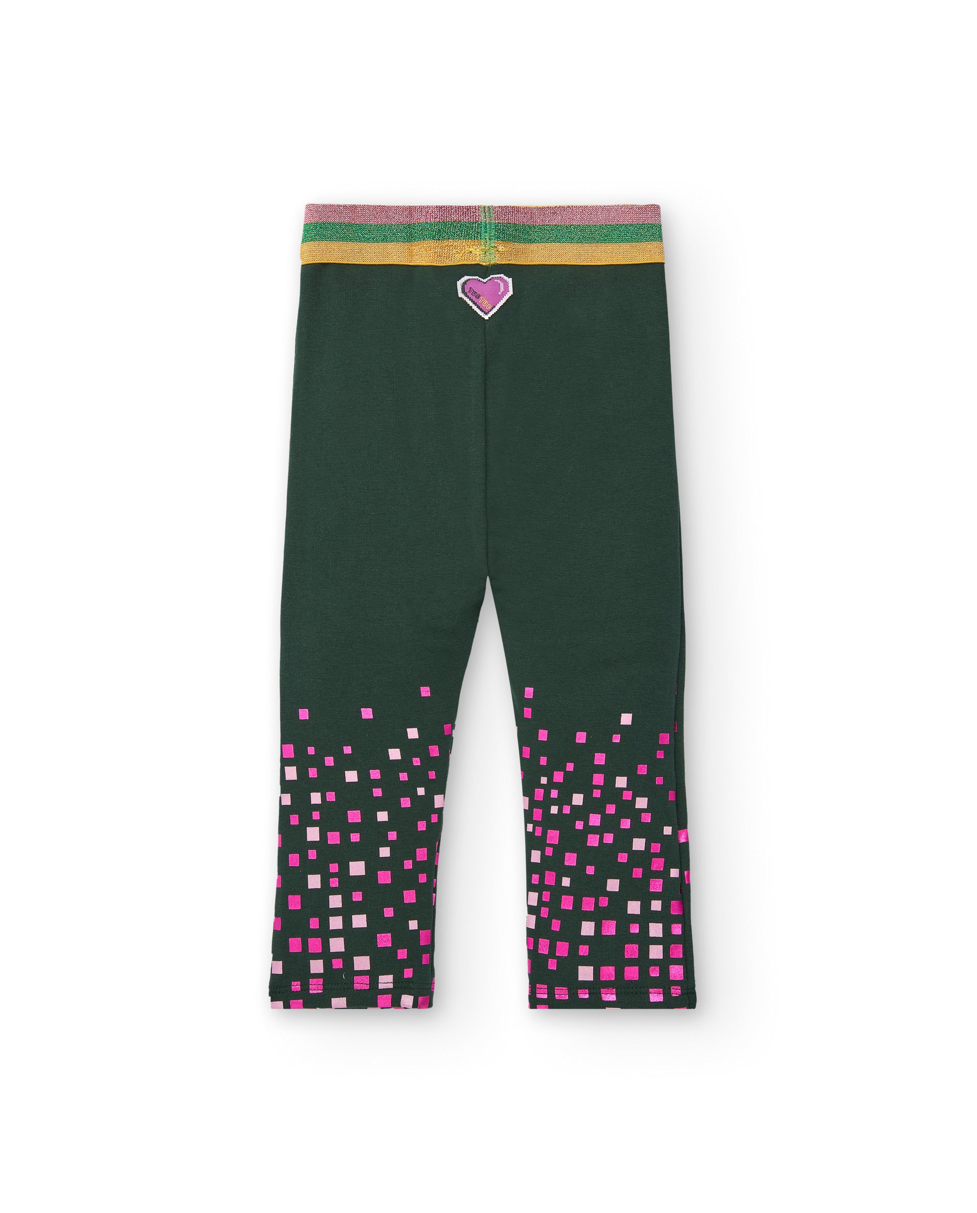 Leggings verdes con detalles de cuadros rosas y cintura