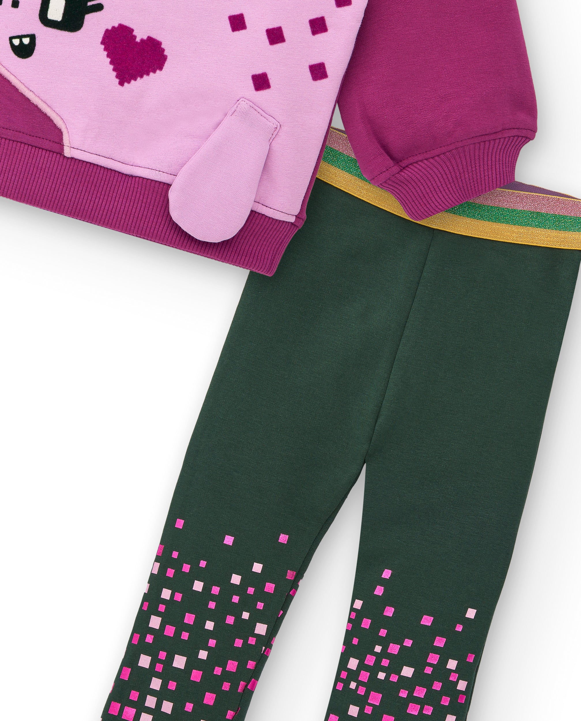 Conjunto sudadera fucsia con dinosaurio y leggings verdes para